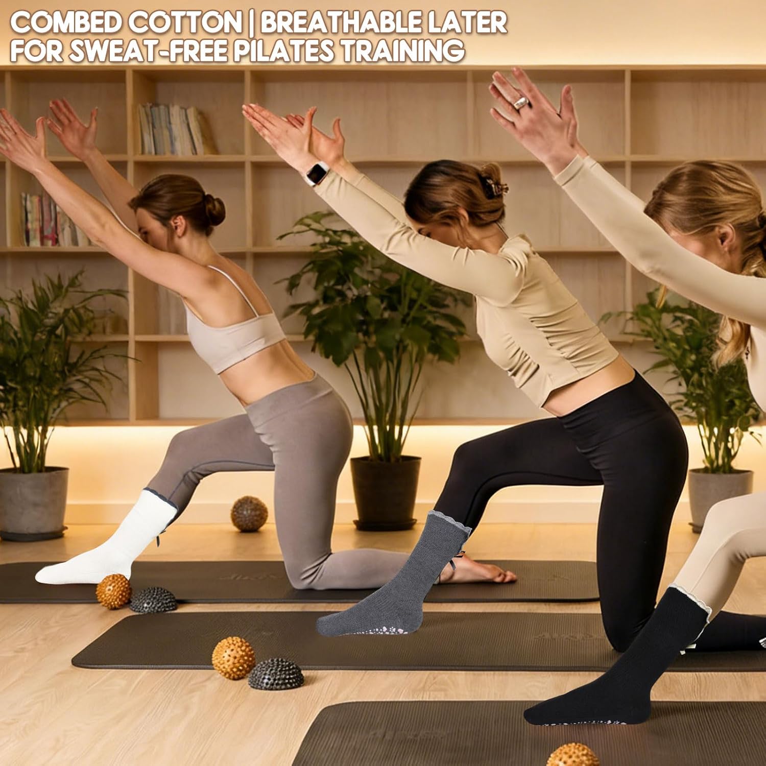 3 Pairs Cute Pilates Grip Socks for Women Cute Ruffle Bow Non Slip Grip Socks for Yoga, Barre, Barefoot