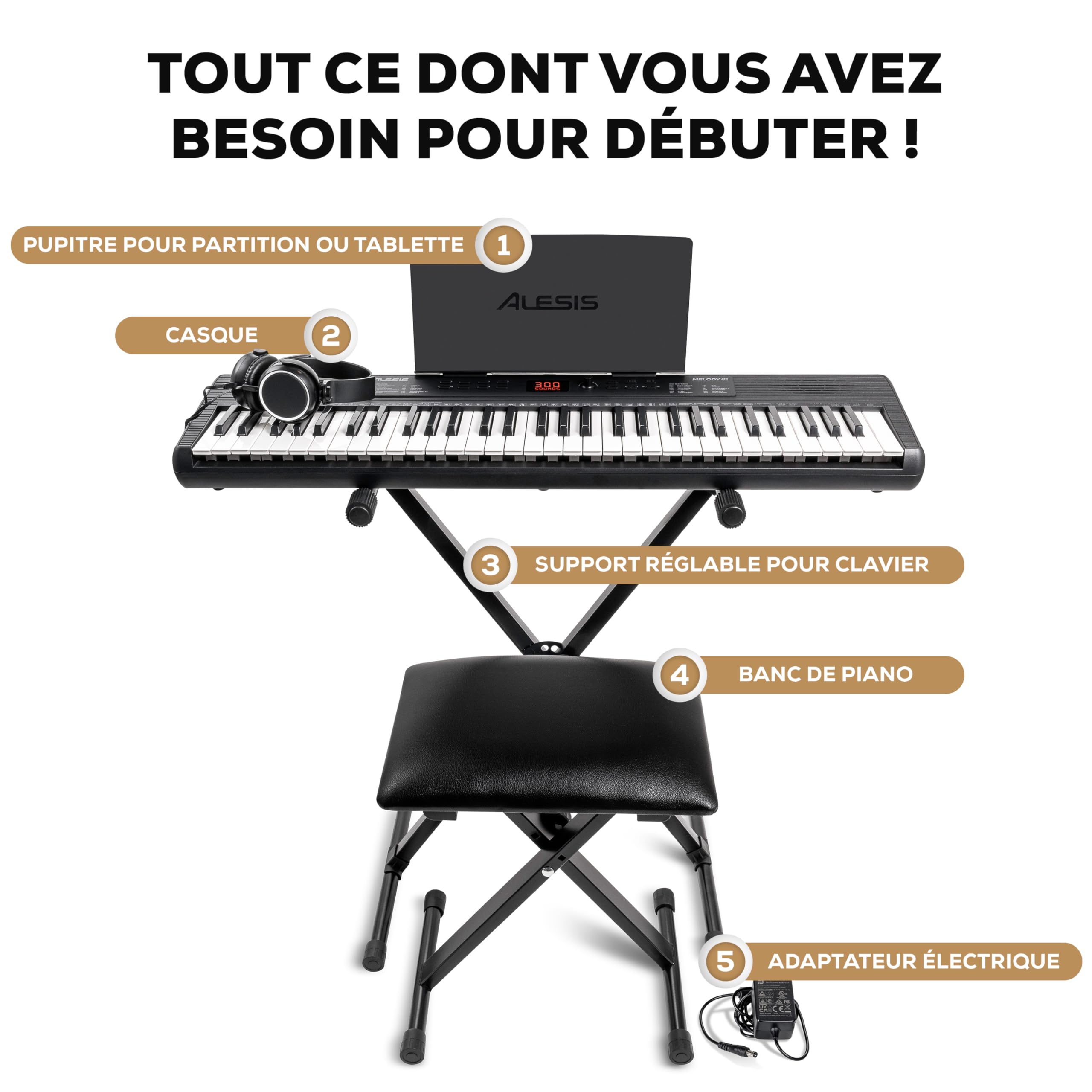 Alesis Melody 61 Piano Numérique 61 Touches pour Débutants avec Haut-Parleurs, Support, Banc, Casque, Pupitre, 300 Sons et des Leçons de Musique