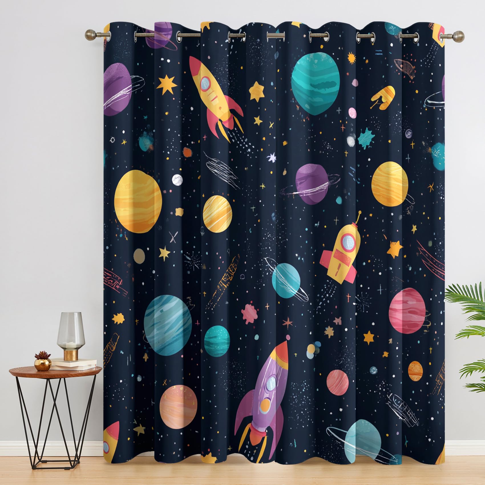 Universe Planet Curtains Blackout, 46x72 Inch 2 Panels - Rocket Outer Space Cartoon Pattern Black Out Curtains, Home Decor, 72 Drop Eyelet Window Drapes for Bedroom, Living Room AX&57