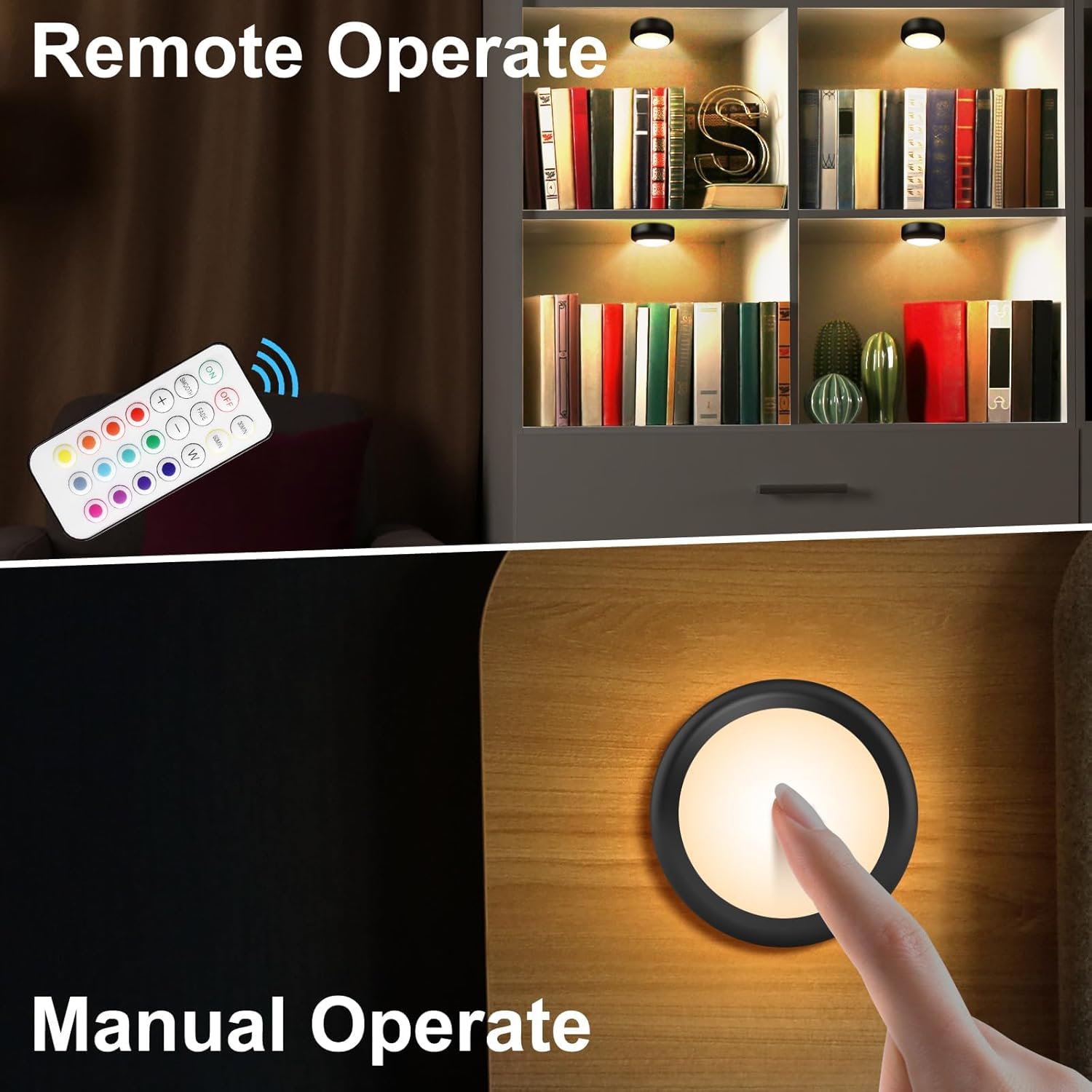 Image showing a remote control operating puck lights in a bookshelf and a finger tapping a puck light for manual operation.