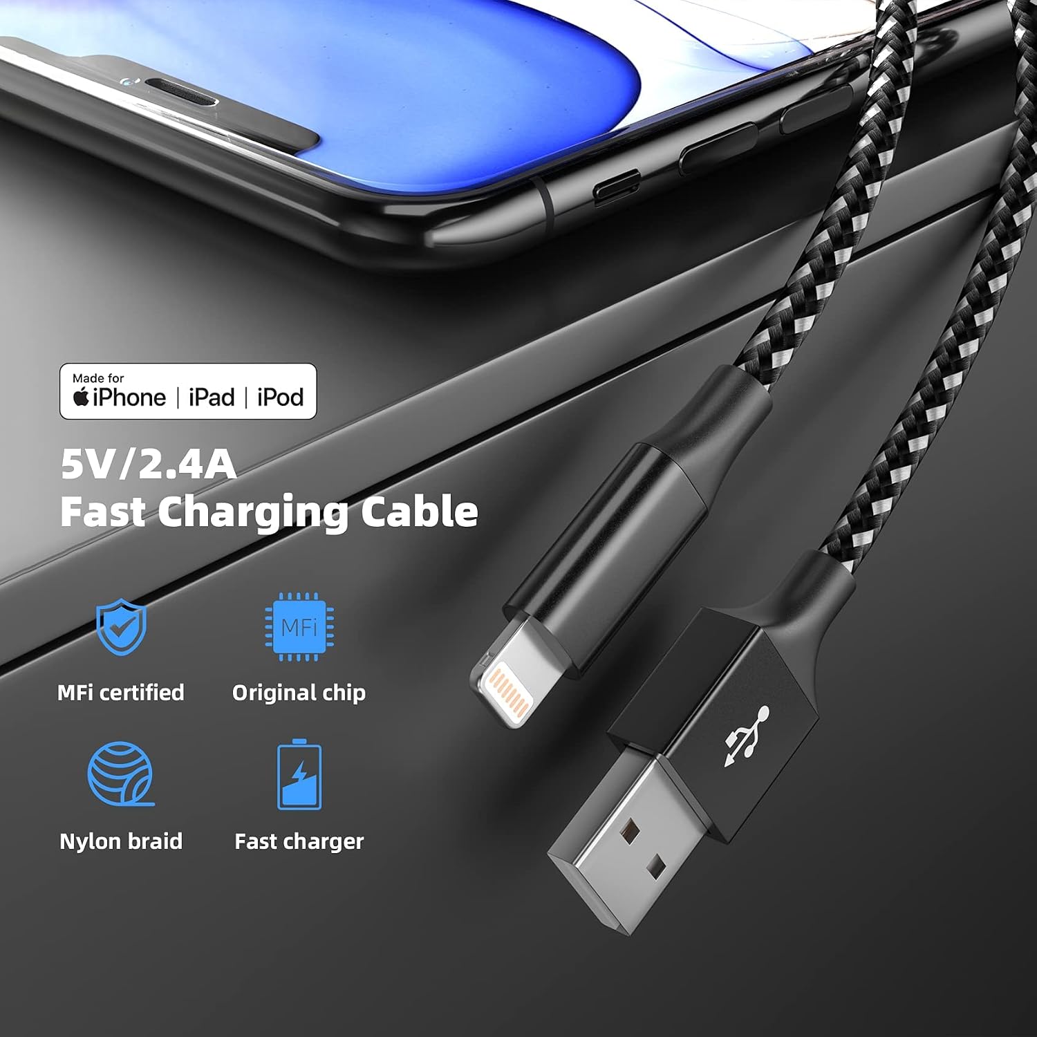 Mfi Certified iPhone Charger Cable 3Pack 10FT Lightning Cable Nylon Braided iPhone Cord Fast Charging Syncing Long Cord Compatible with iPhone 13/12/11/Pro/XS/Max/XR/X/8/8P/7 and More