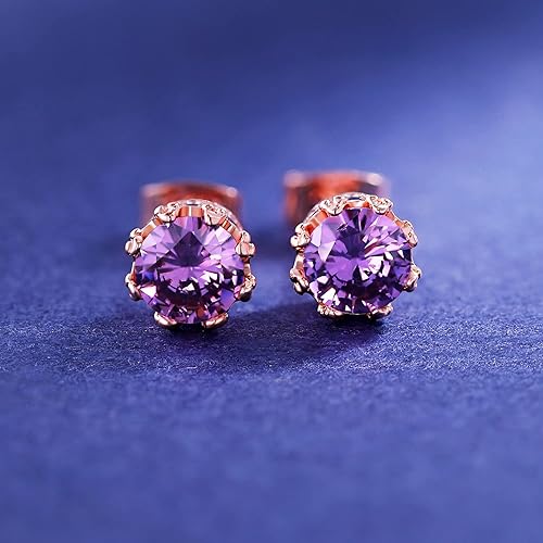 Miniatura 9 de MDFUN Aretes redondos de piedra natal con corona brillante chapada en oro rosa de 0236in