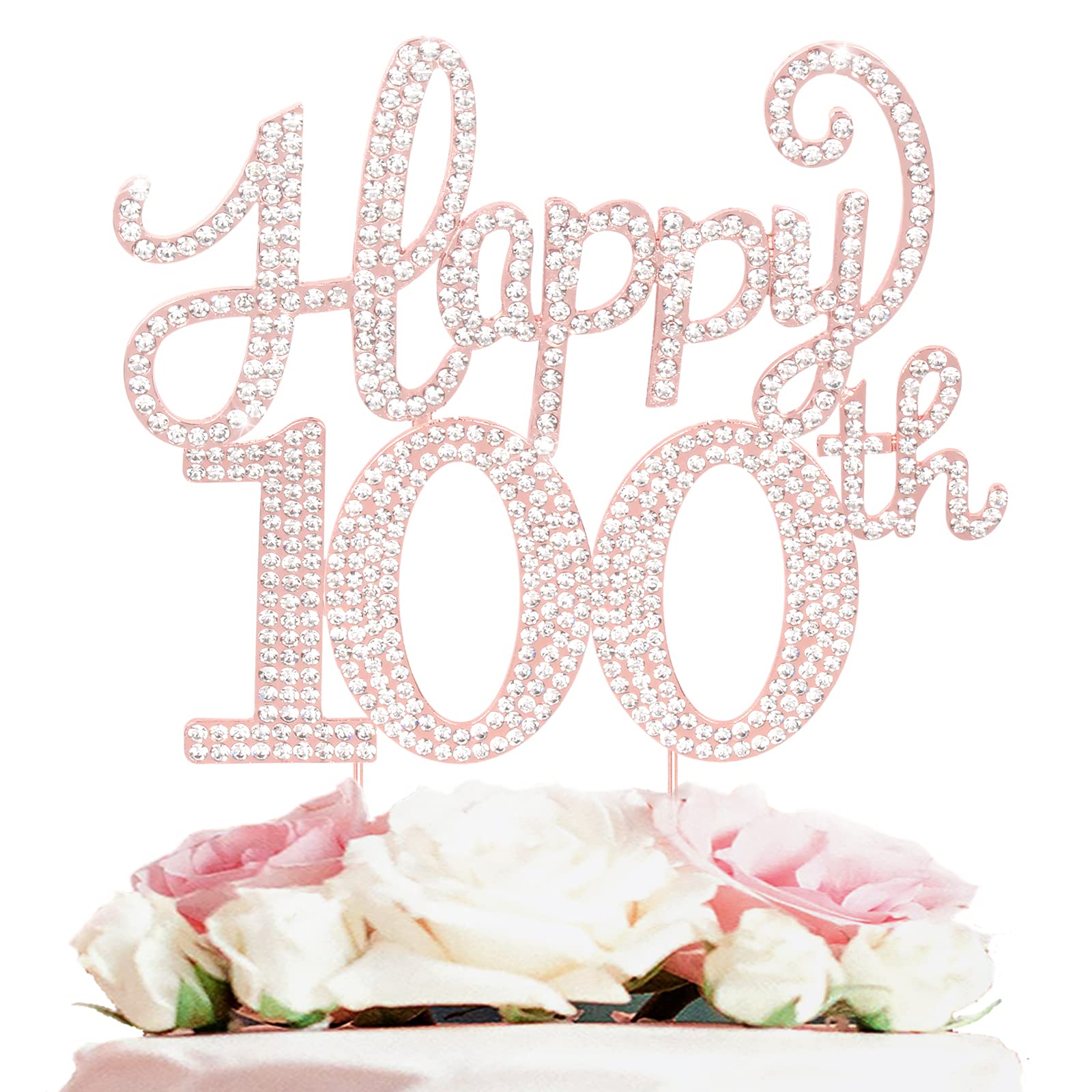 LASKYER Happy 100th Birthday Decorations,100th Birthday Rose Gold Rhinestone Cake Topper - Cheers to 100 Years Old Bday Party Metal Sparkly Cake