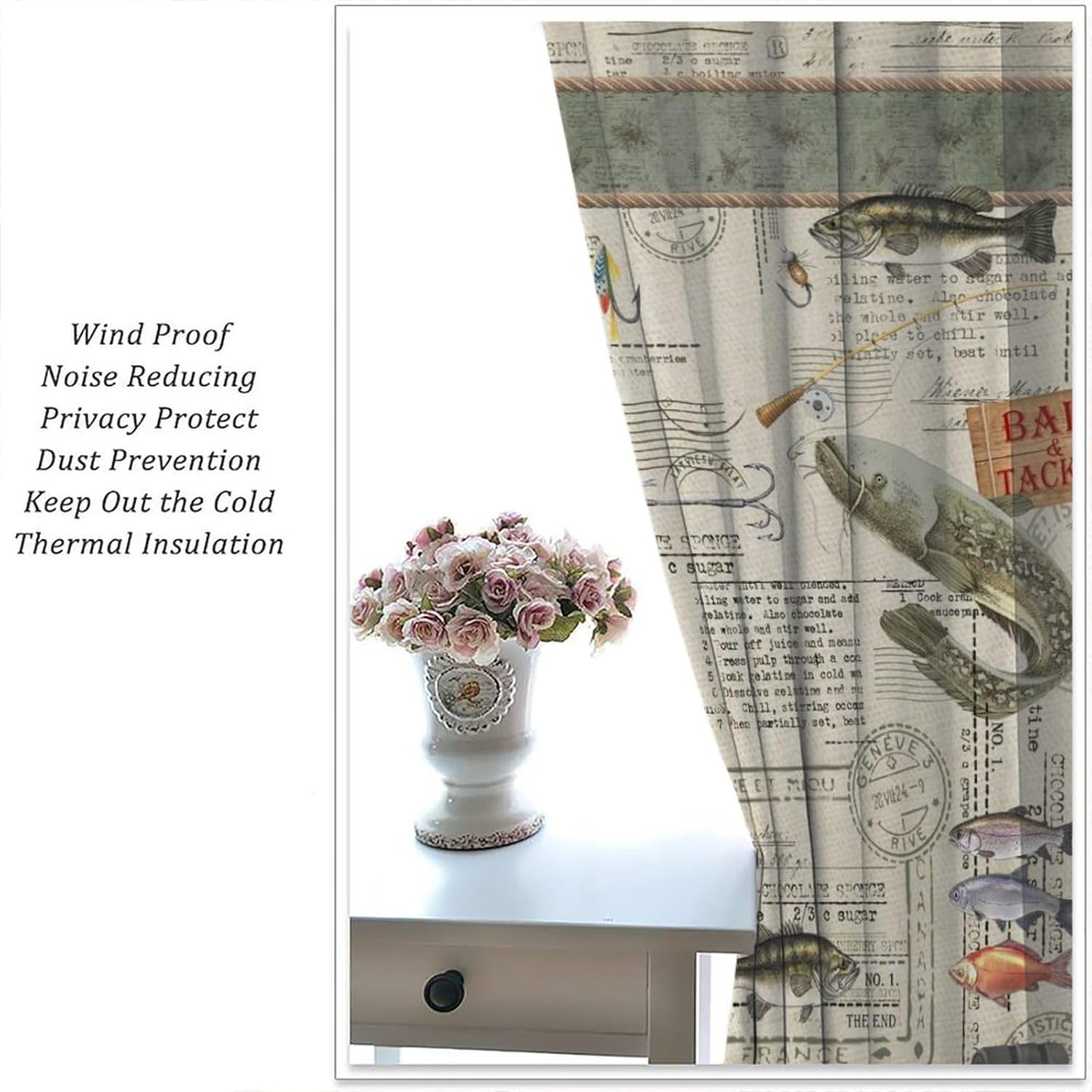 Retro Farmhouse Fishing Curtains for Kitchen, Rustic Cabin Fish Country Vintage Decor Window Treatments, Rod Pocket Blackout Drapes for Fishing Man Boys Room Angler, 52x84in