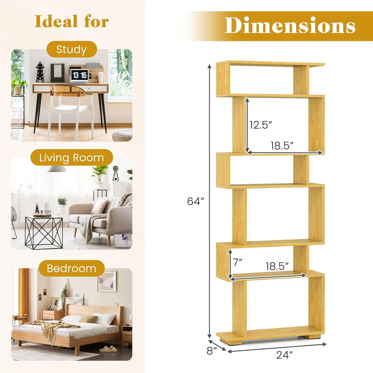 Giantex 6-Tier Geometric Bookshelf, S-Shaped Bookcase with 2 Anti-Tipping Kits, Wooden Display Shelf, Decorative Storage Shelving Unit, Home Storage Organizer for Office Living Room, Burlywood
