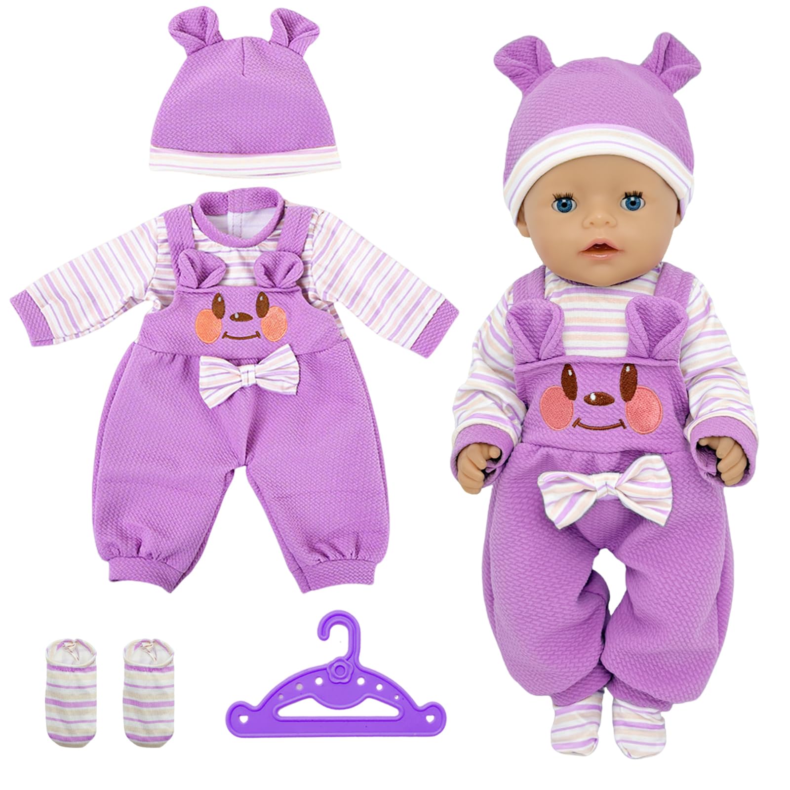 Baby Doll Clothes Outfit for 14-18 Inch Dolls (35-45 cm), 5‑Piece Purple Bear Baby Doll Outfit Set including Onesie, Hat