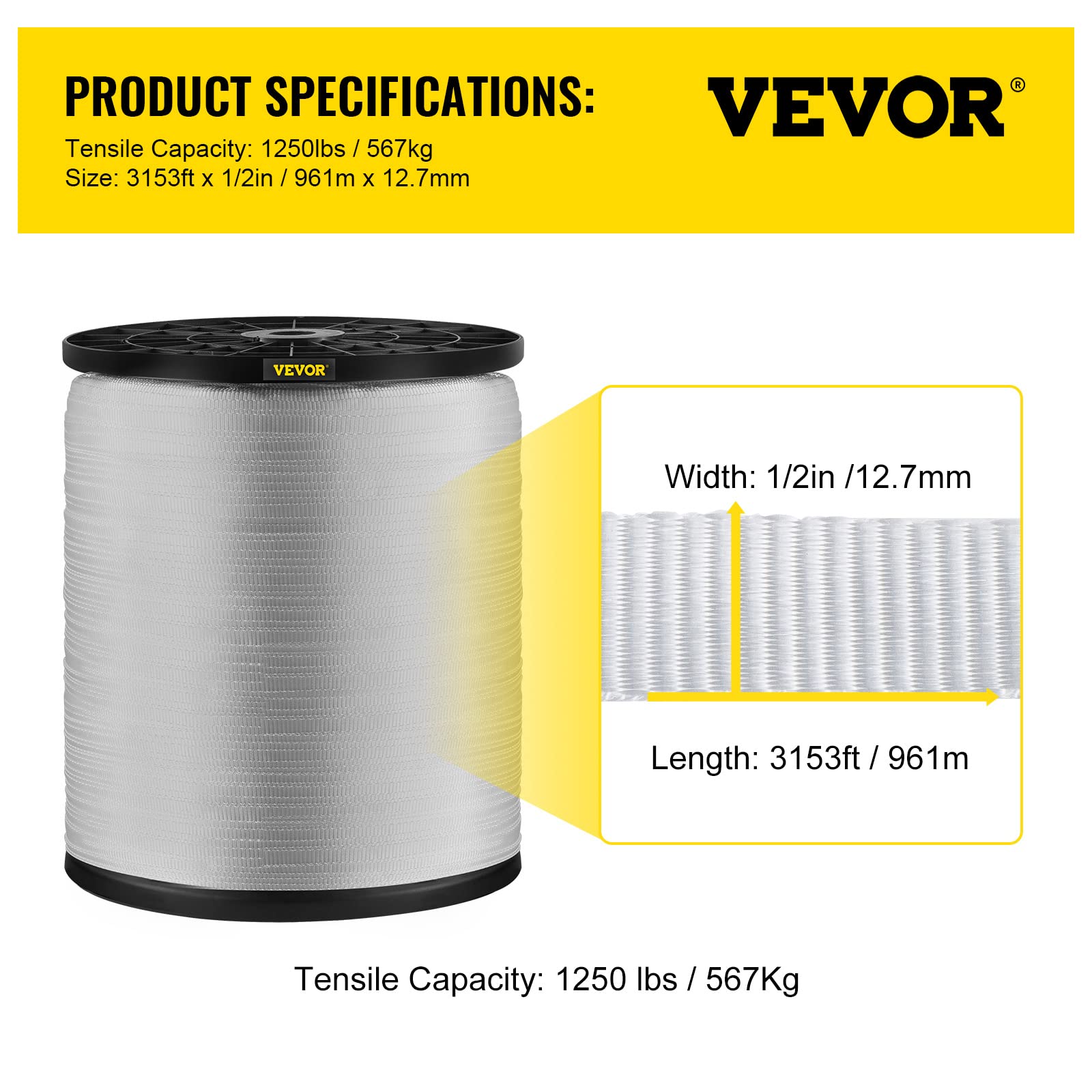 VEVOR Cinta de Tracción de Poliéster Resistencia a la Tracción de 567 kg, Cinta Multifuncional para Trabajos con Alambres y Cables para Tirar, Cargar, Embalar en Todas Las Condiciones Meteorológicas