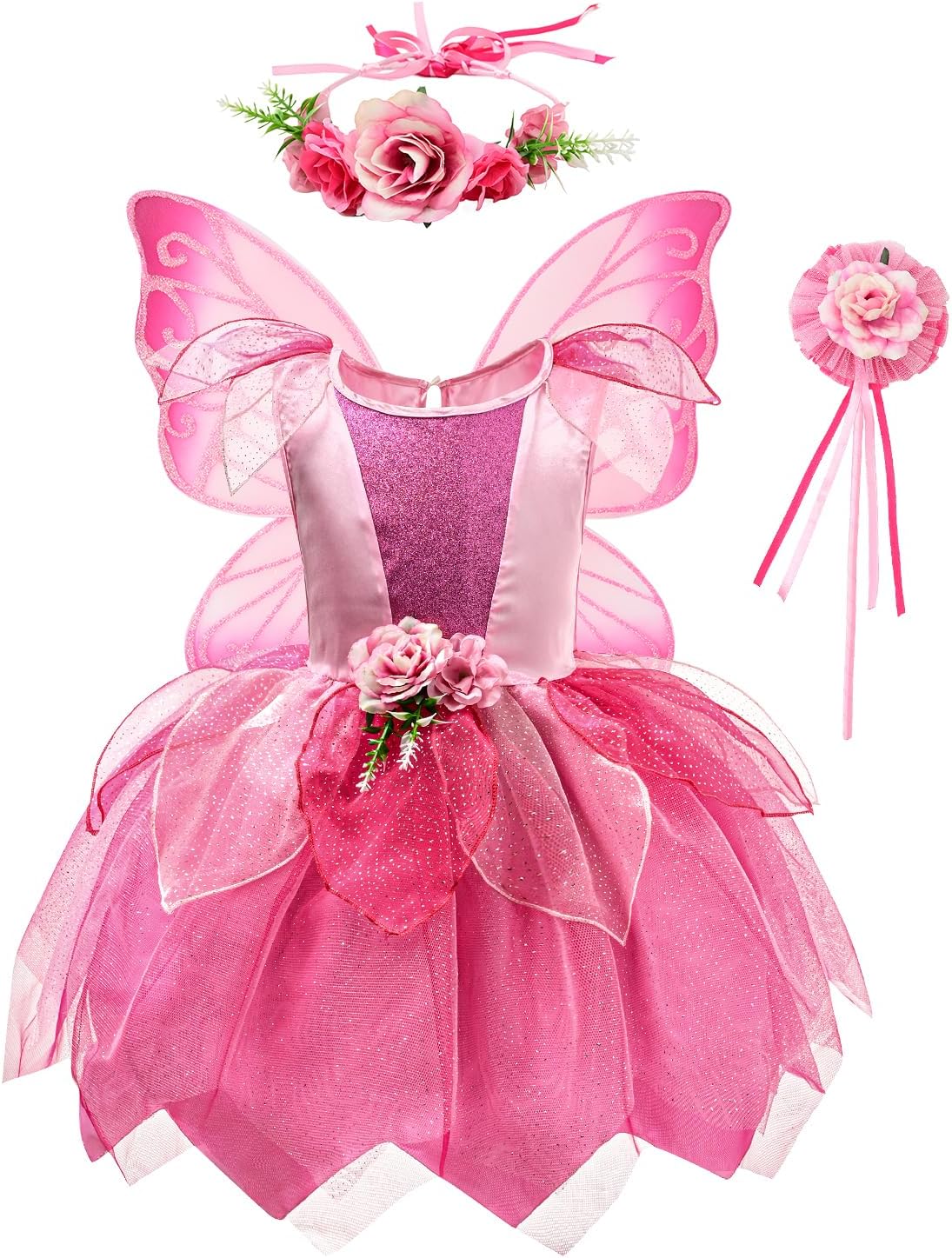 DJDLPARTY Fairy Costume for Girls 4-8Y, Toddler Kids Butterfly Costume Set with Dresses Wings Headband for Halloween Cosplay