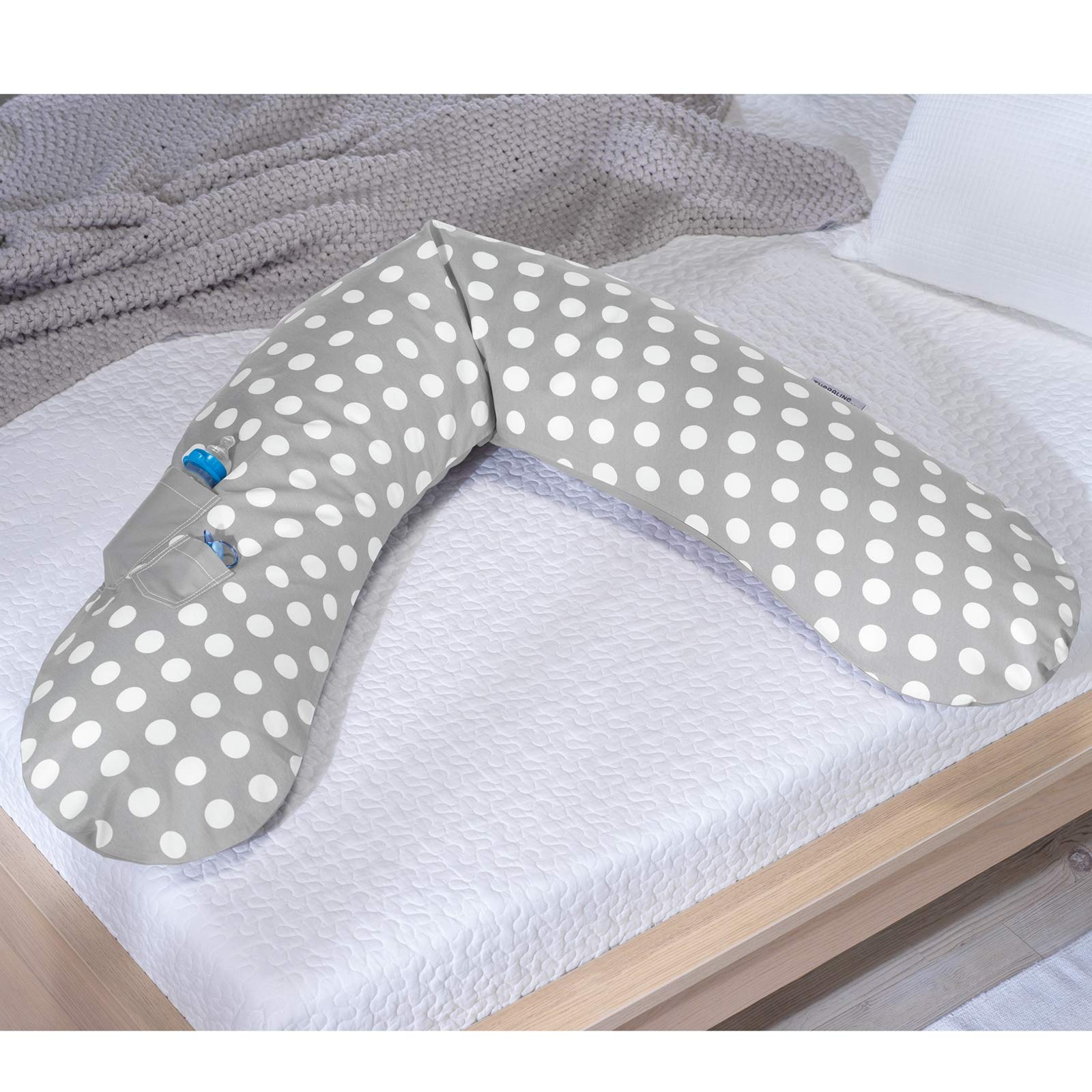 Das Original Theraline Stillkissen | 190 cm | Mikroperlen Füllung | inklusive Bezug Indie Dots grau mit Taschen