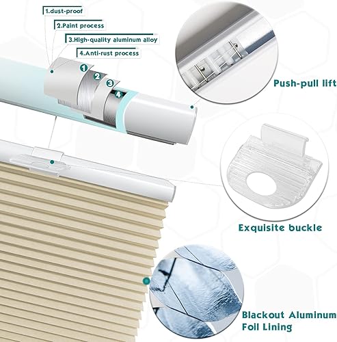 Miniatura 3 de Keego Persianas opacas con diseño de panal para ventana, sin cordones, para dormitorio, baño, cocina (blanco, tamaño 34 pulgadas de ancho x 48