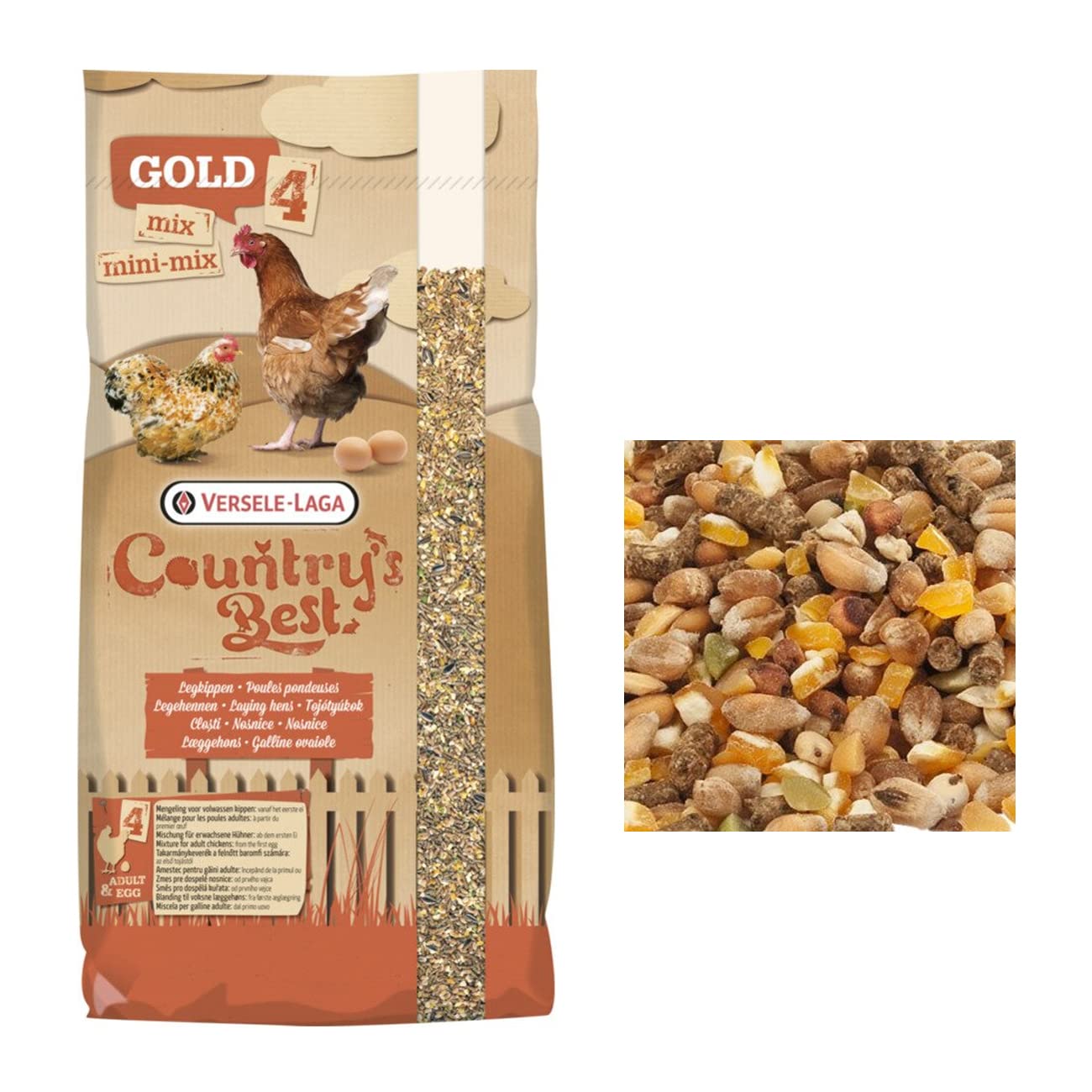 Pienso para Gallinas - Gold 4 Mini Mix - Ideal para gallinas Enanas o Ligeras - Mejora la Puesta y Calidad del Huevo - Saco 20kg - Versele Laga