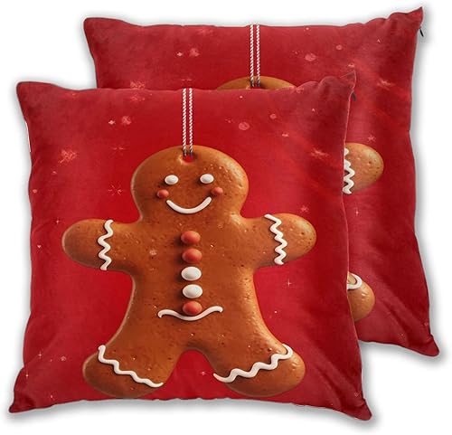 Miniatura 8 de Juego de 2 fundas de almohada cuadradas de galleta de Navidad, fundas de almohada decorativas de hombre de jengibre navideño con cremallera oculta,