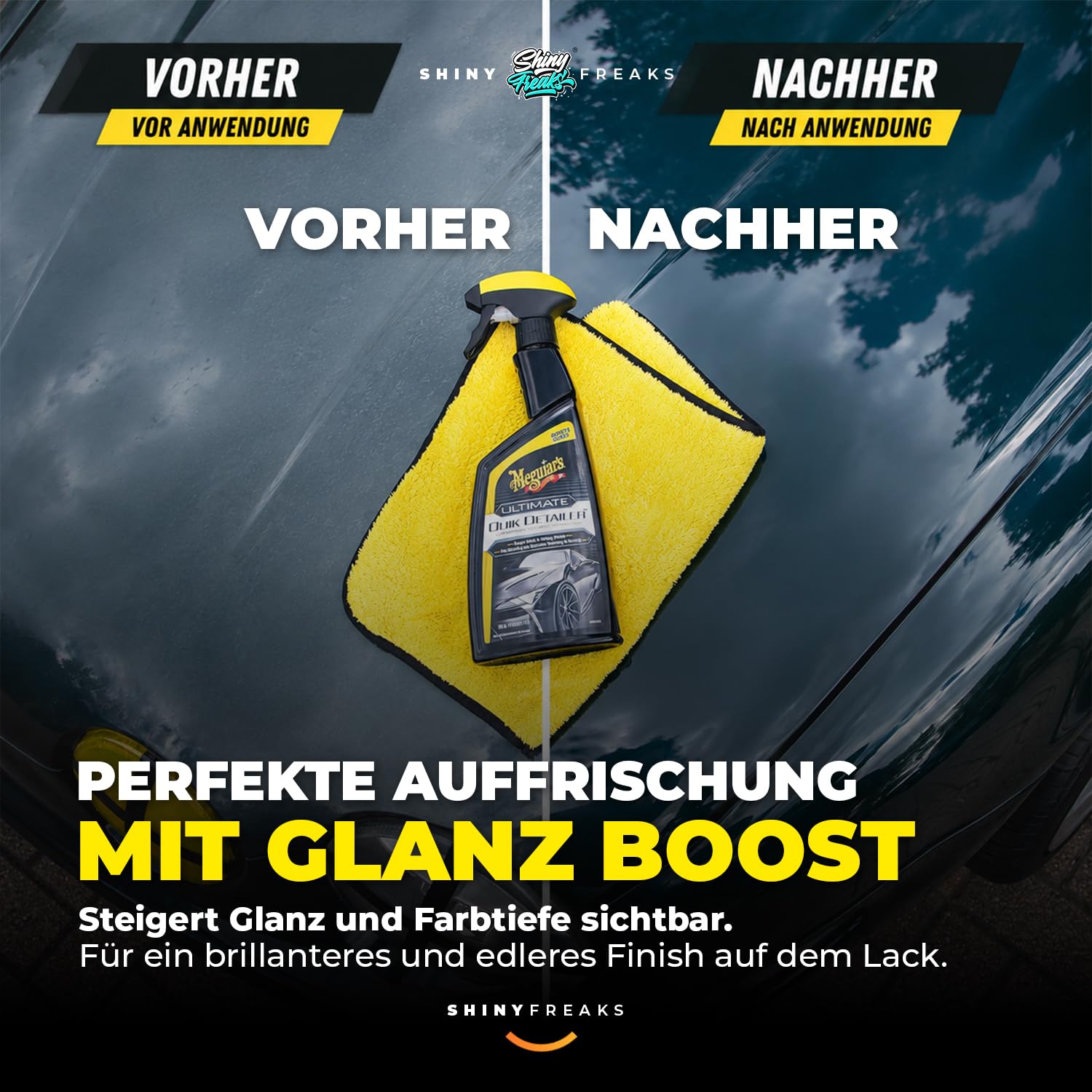 Shiny Freaks Meguiar's Ultimate Quik Detailer 709ml - Schnellreiniger, Polymertechnologie, Entfernt sicher und schnell Staub und Oberflächenverschmutzungen + Zubehör | 3-TLG.