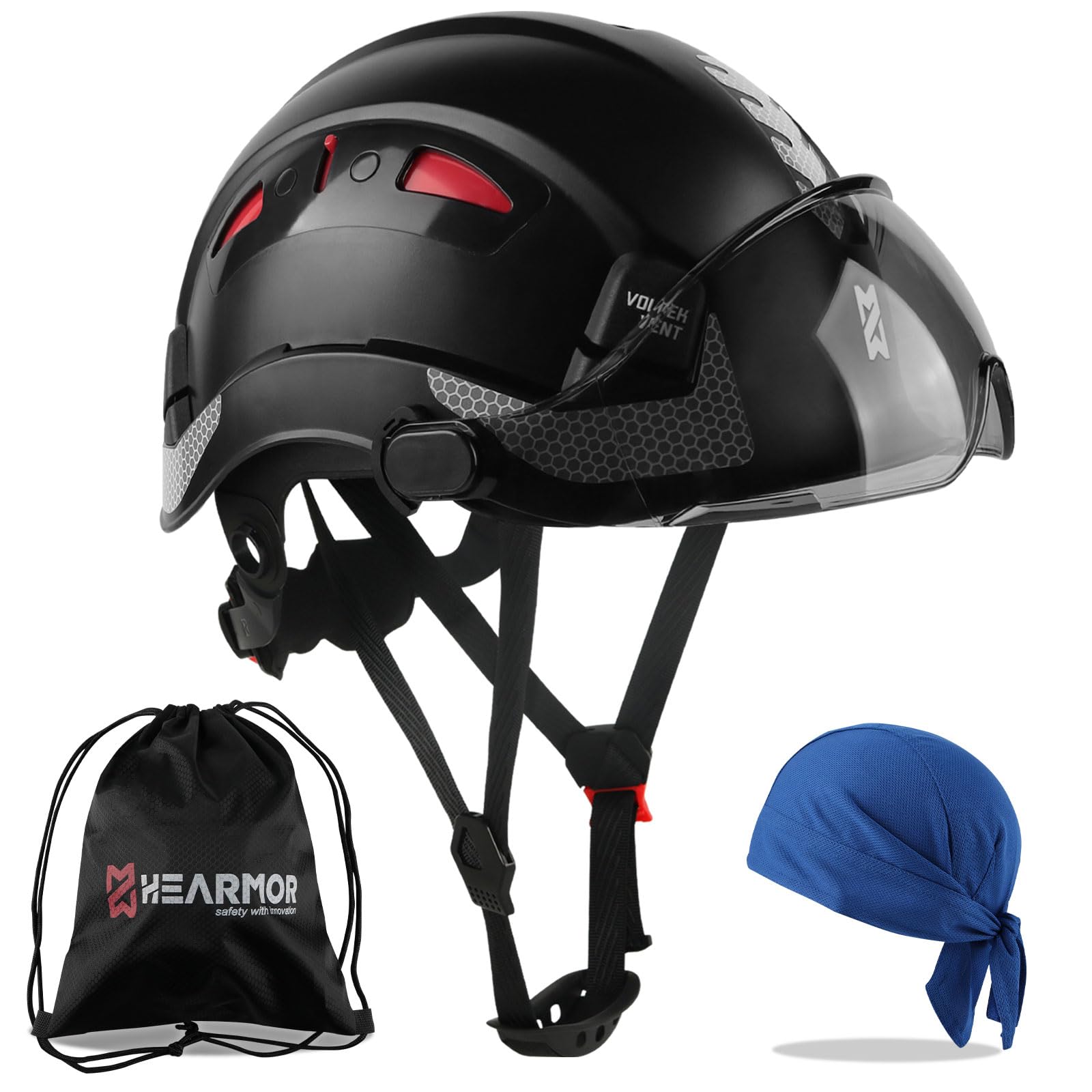 HEARMOR Casco de seguridad para casco de protección de obras, EN 397, casco de trabajo ventilado para adultos, sistema de trinquete ajustable con visera opcional en transparente y ahumado