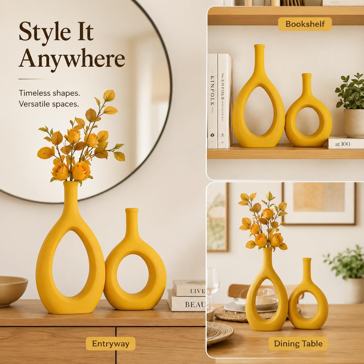 Yellow Ceramic Vase Set 2,Modern Hollow Circle with Hole Flower Vase for Home Decor,for Table Centerpieces,Farmhouse,Fire Place,Living Room,Bedroom,Office,Bookshelf,Rustic Decor