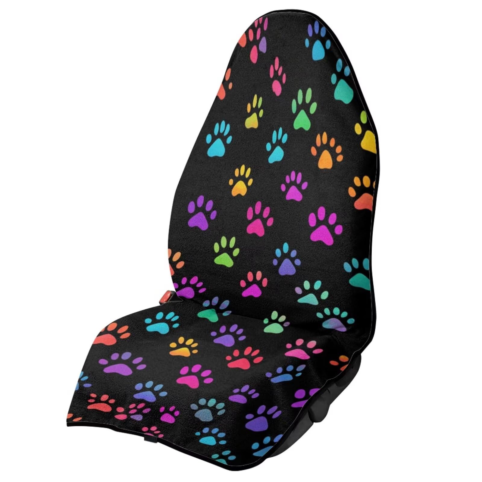 Colorful Dog Paws Print Car Seat Cover Easy to Install Waterproof Bucket Towel Seat Covers Anti-Slip Back Fabric for Trucks SUV Jeep Auto Accessories Protectors Decoration