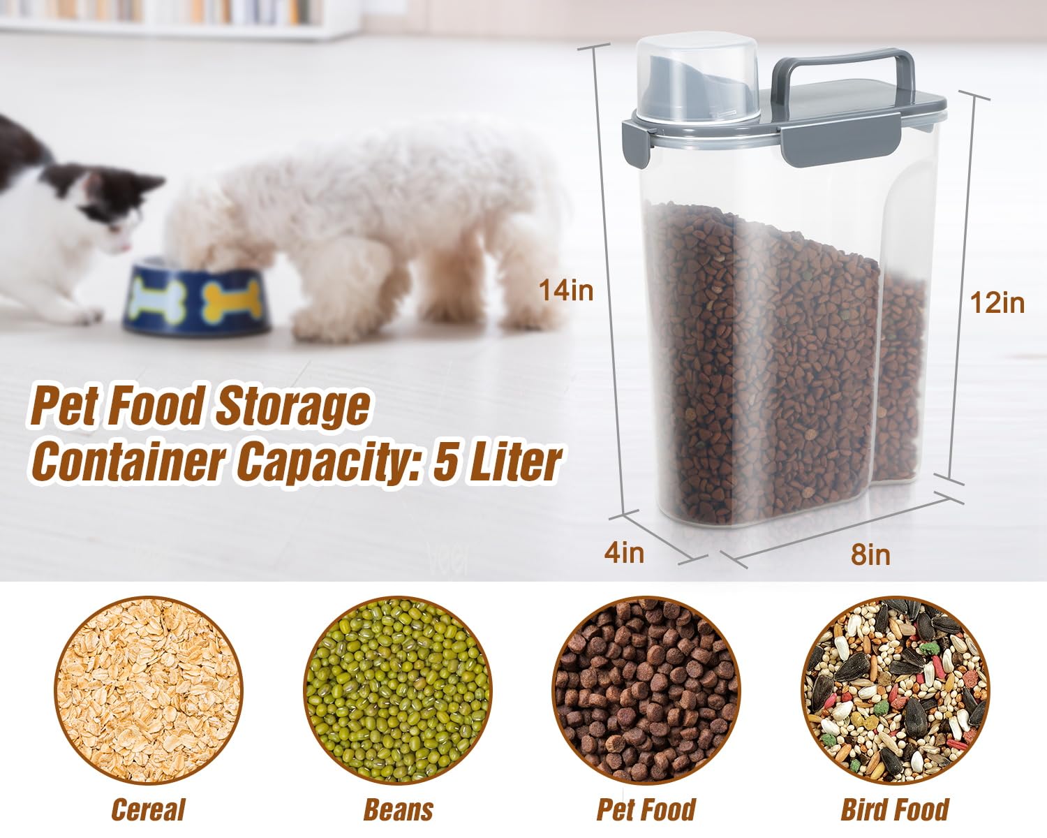 TBMax Contenedor de almacenamiento de alimentos para gatos de 5 litros con tapa, recipiente portátil para alimentos para mascotas con boquilla grande y taza medidora, recipiente hermético para
