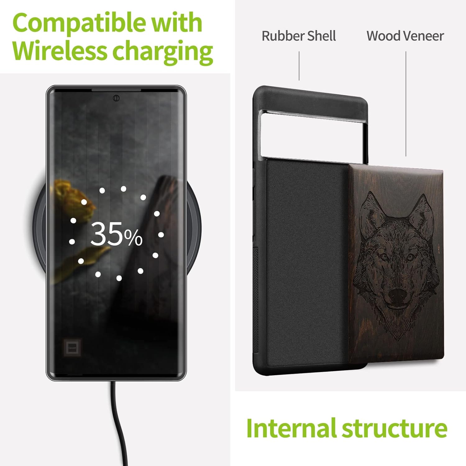 Carveit Wood Case for Pixel 7 Pro Case [Natural Wood & Black Soft TPU] Shockproof Protective Unique & Classy Wooden Cover Compatible with Google Pixel 7 Pro (Wolf Head-Blackwood)