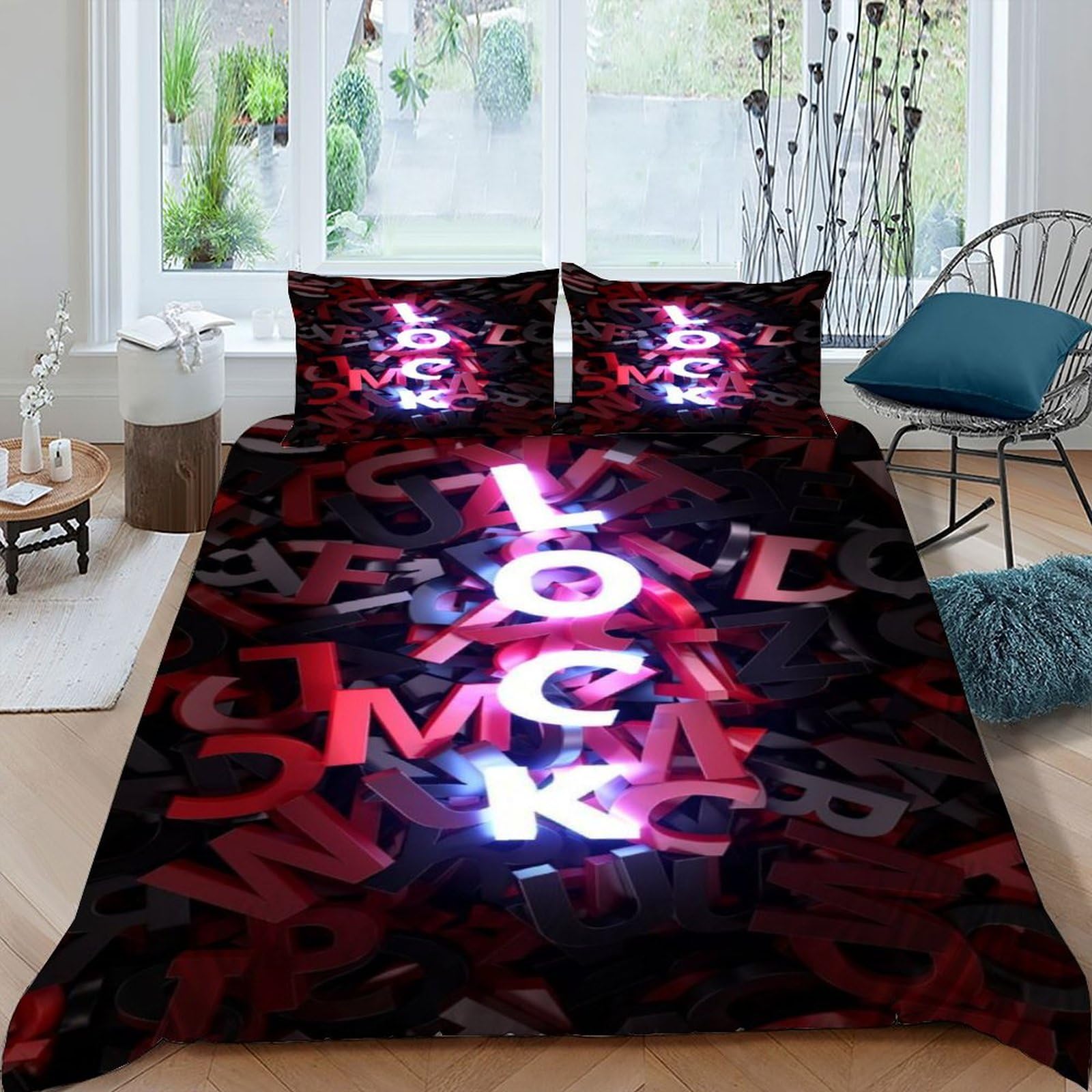 Parure de lit microfibre graffiti rouge 220x240 cm avec 2 taies d'oreiller pour grand lit