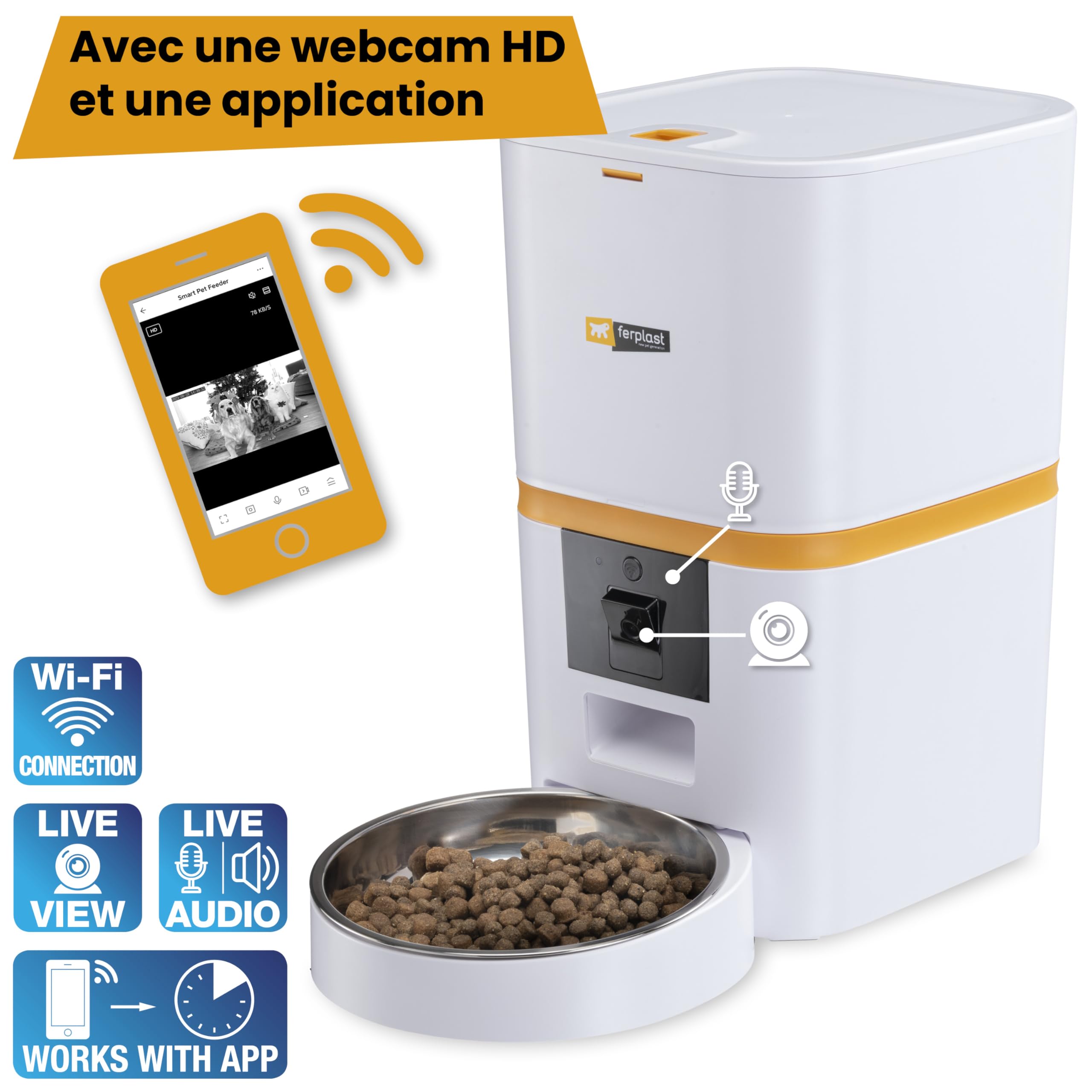 Ferplast Distributeur Croquettes Chat Automatique Risto Pet Smart Gamelle Croquettes Chien 6 L, Contrôle Via APP, Caméra Vision Nocturne, Microphone, Enregistreur Vocal, Acier Inoxydable