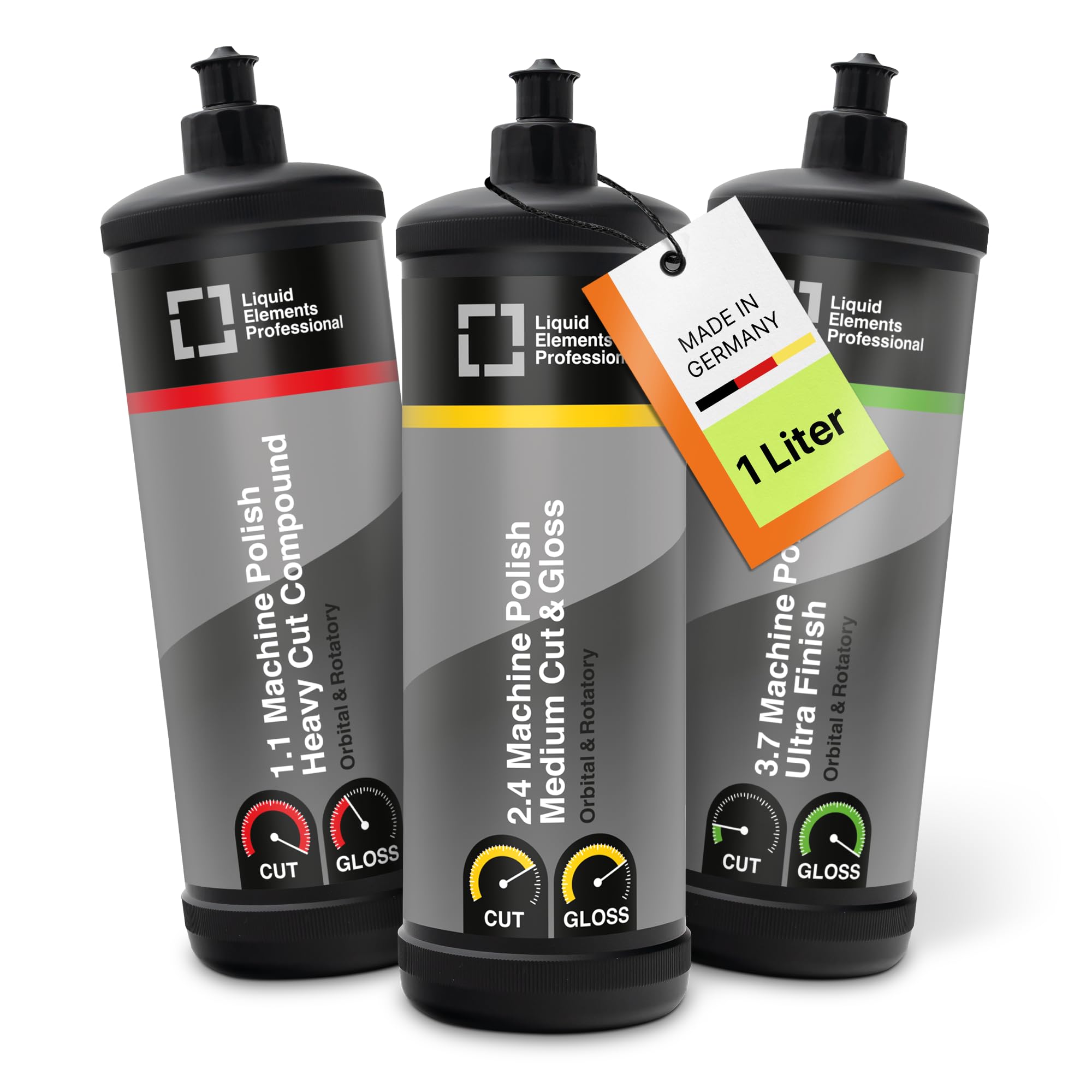 Liquid Elements Autopolitur-Set Heavy, Medium Cut & Ultra Finish 1L | Feine Polierpaste für Autolacke mit Kratzern, minimal abrasiv & silikonfrei, ideal für alle Poliermaschinen