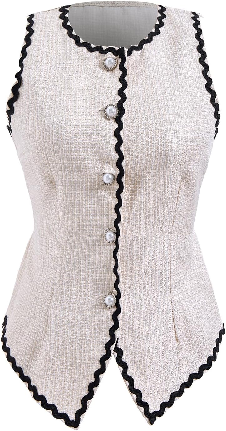 Women's Button Up Tweed Blazer Vest Elegant Crew Neck Tie Back Business Casual Waistcoat