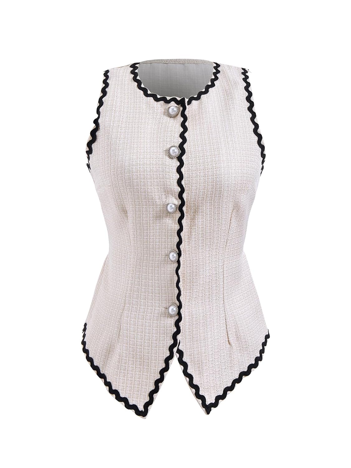 Womens Button Up Tweed Blazer Vest Elegant Crew Neck Tie Back Business Casual Waistcoat