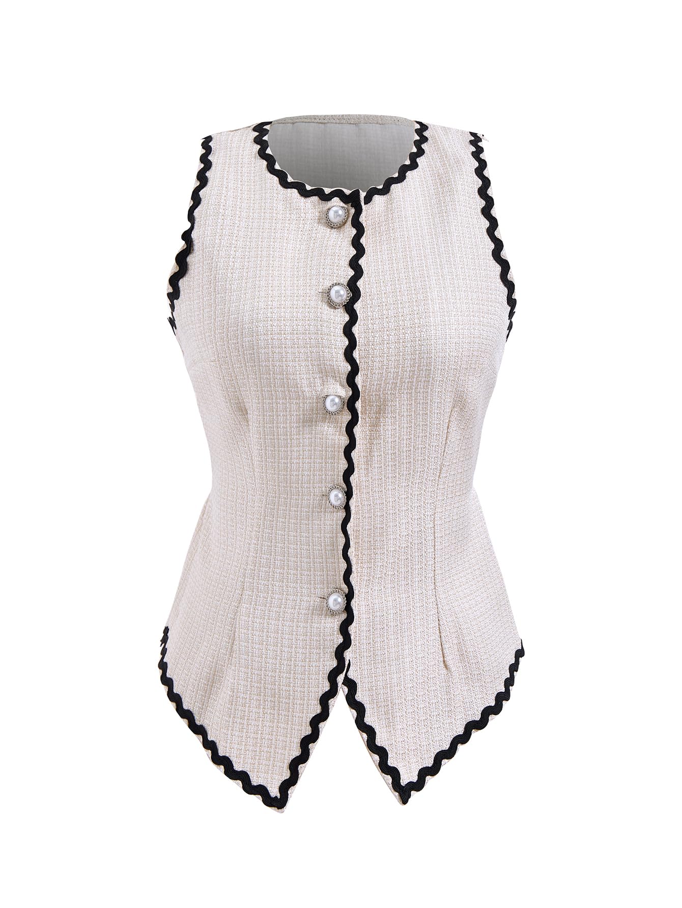Womens Button Up Tweed Blazer Vest Elegant Crew Neck Tie Back Business Casual Waistcoat