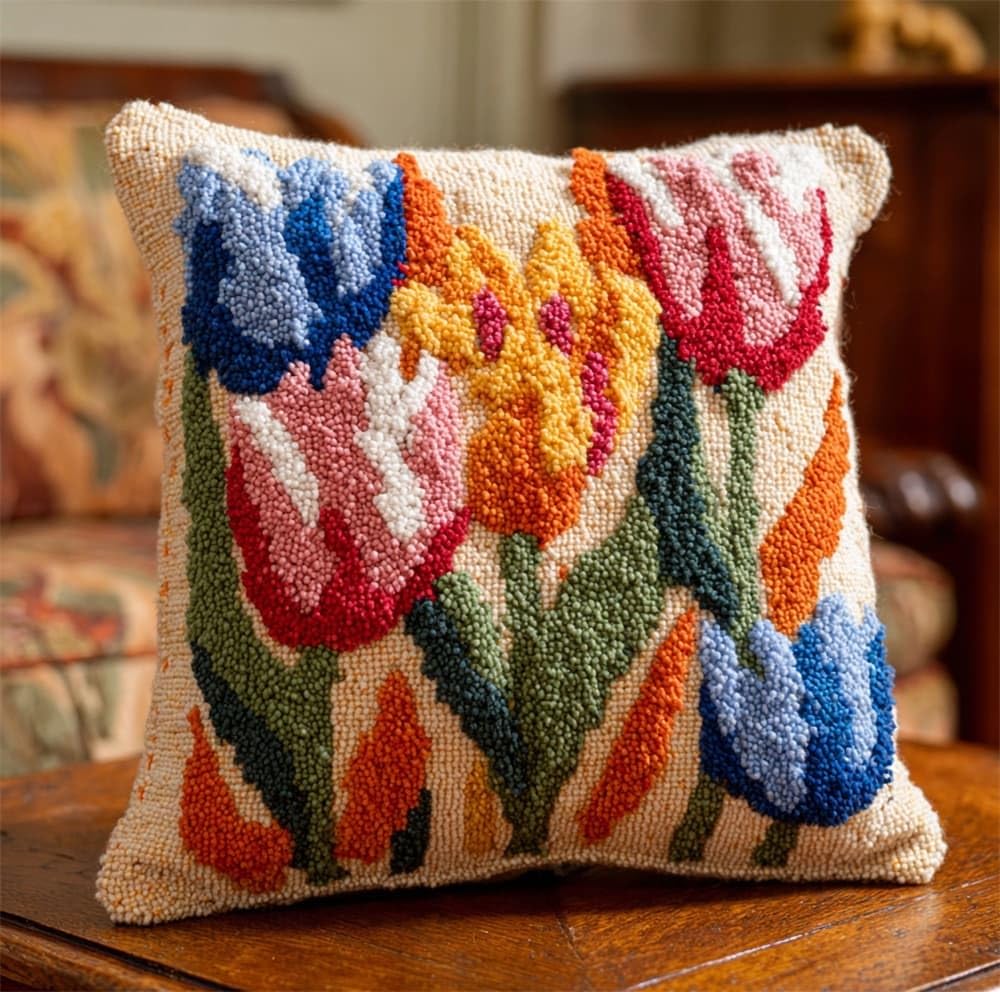 FWRTYCB 3D Pillow Latch Hook Embroidery Kits Tulips Cushion Art