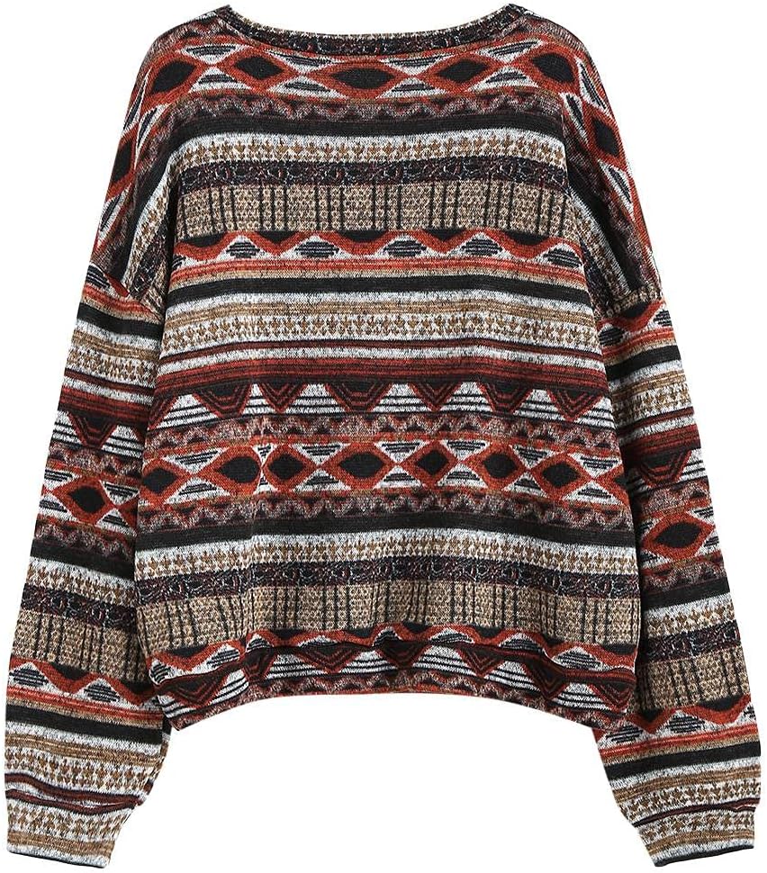 ZAFUL Women's Tribal Ethnic Graphic Cropped Knitwear Bohemian Long Sleeve Pullover Sweater Boho Drop Shoulder Knitted Top