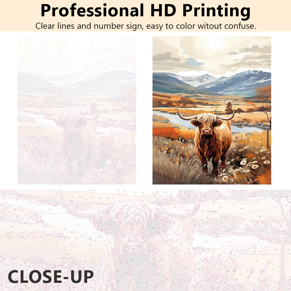 TISHIRON Pittura fai da te incorniciata con numeri, per adulti, con pennelli, mucca delle Highland, pittura a mano, animali, pittura per adulti, pittura con i numeri, kit su tela, 40,6 x 50,8 cm