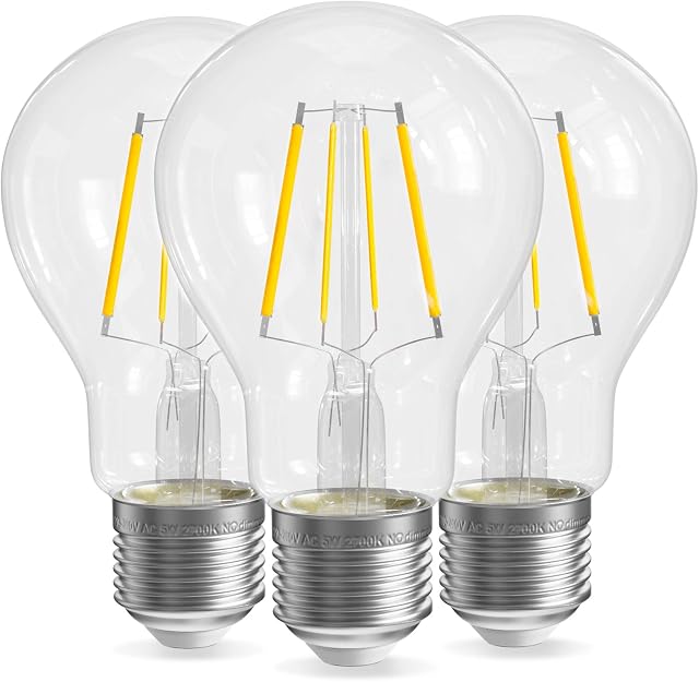 QNINE Warm White E27 Screw Bulb, 5W (50W Equivalent), 500lm, LED Filament Bulb, 2700K, Non-Dimmable, 3-Pack