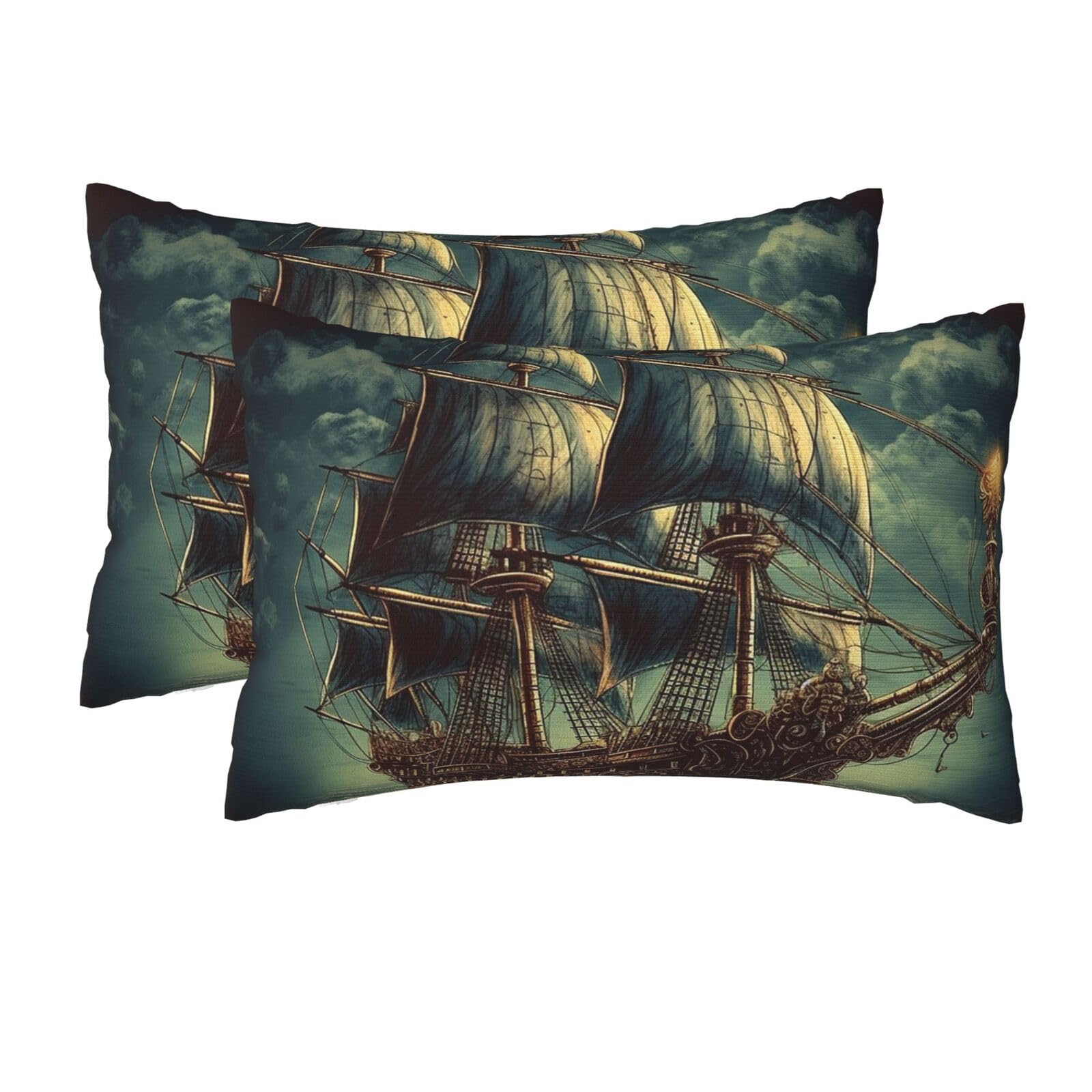 2 Pack Queen Size Pillow Cases for Hair and Skin Soft Breathable Pillow Case Covers with Hidden Zipper Nautical Vintage Sailing Pirate Ship Pillowcase 20x30 Inches Pillow Cover for Sleeping Gift