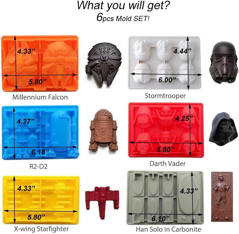 Star War Shaped Mold,Set of 6 Silicone Flexible Molds for Star Wars Lovers Robots Birthday Cake Decoration Candy Molds Chocolate Molds Soap Molds Baking Molds Jello Molds (6pcs Set)