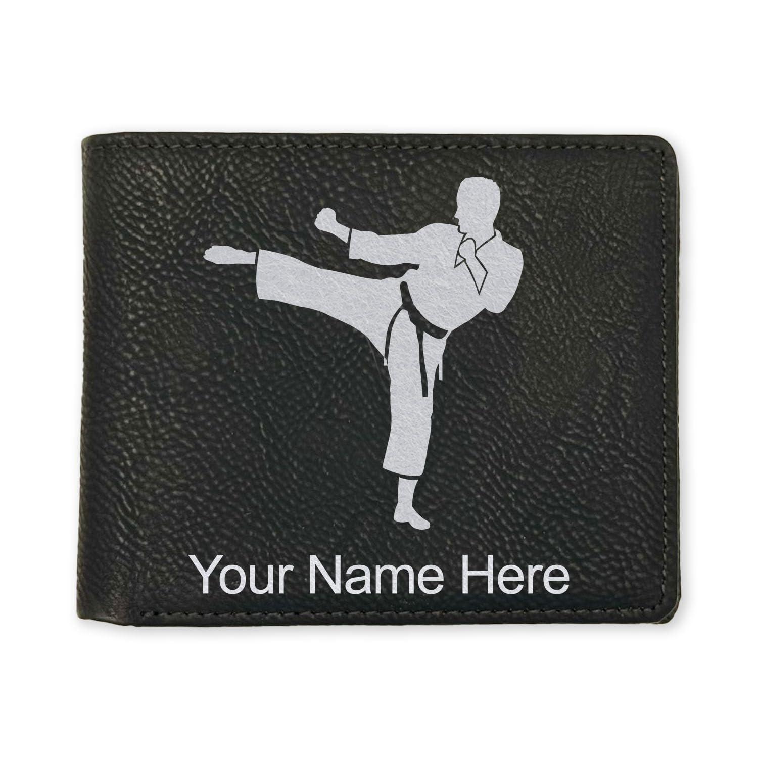 LaserGram Faux Leather Bi-Fold Wallet, Karate Man, Personalized Engraving Included (Black with Silver)