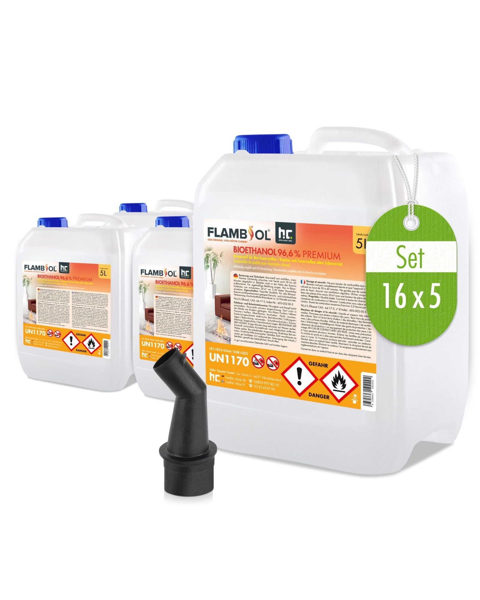 Höfer Chemie 16 x 5 Liter (80 Liter) Bioethanol 96,6% Premium - für Ethanolkamin, Ethanolkamin, Tischkamin und Bioethanolkamin