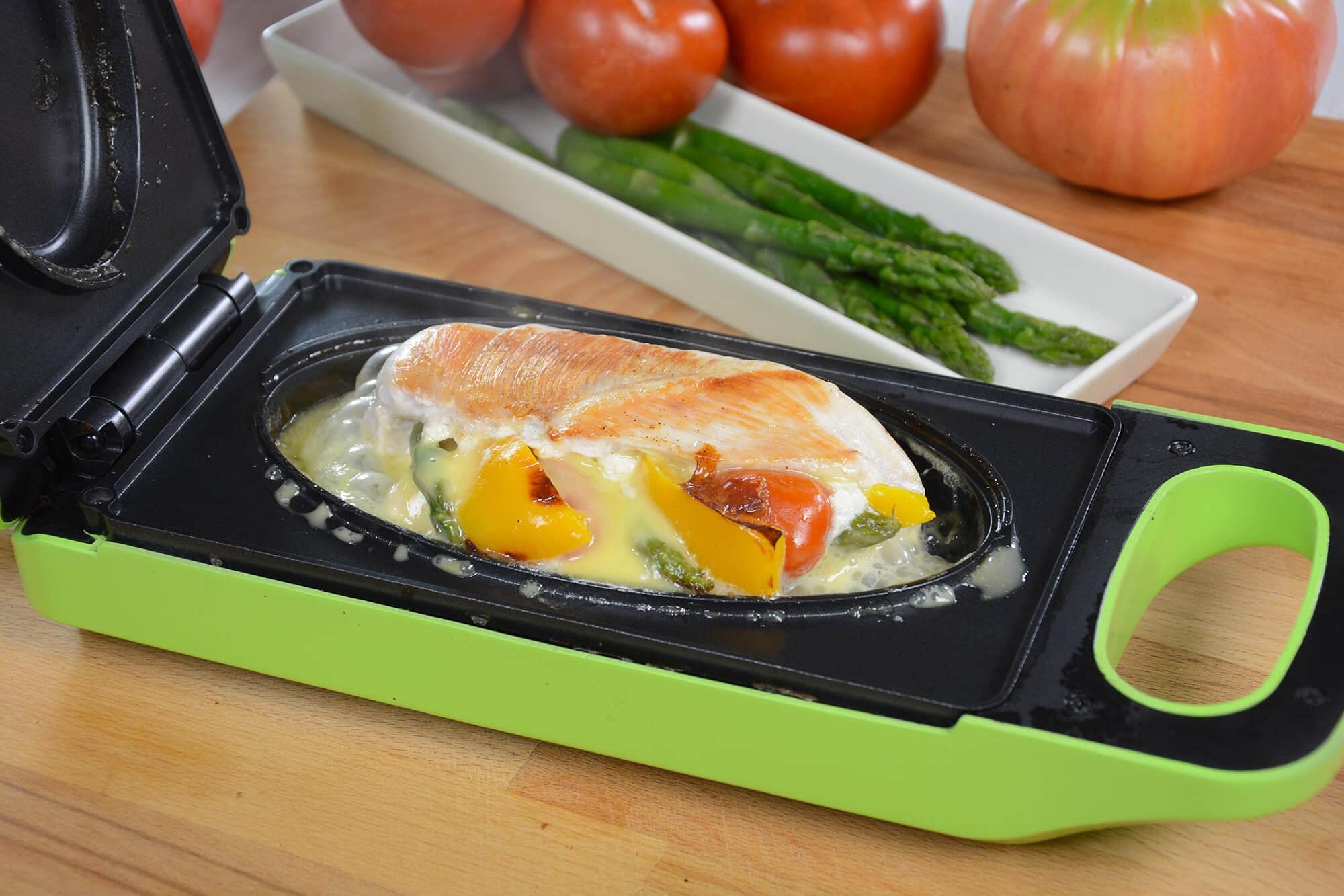 BEST DIRECT STARLYF Express Cooker wielofunkcyjny grill elektryczny, piekarnik, elektryczna frytkownica, gotowanie z obu stron, nieprzywierająca, z funkcją odwracania, 800 W, czerwony, zielony