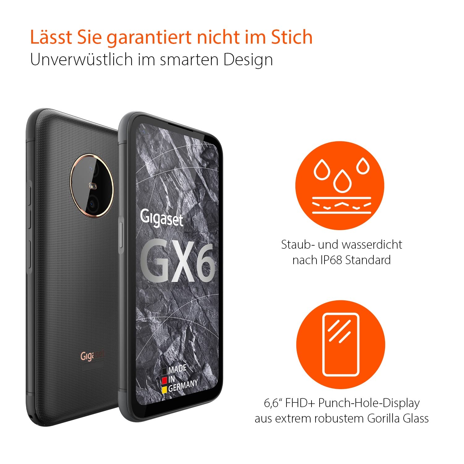 Gigaset GX6 - Outdoor Smartphone 5G - Militärstandard - staub- & wasserdicht IP68 - 6,6" FHD+ Display mit Gorilla Glass - 128GB+6GB RAM - 50MP Kamera - Schnellladen, Made in Germany, Titanium Black