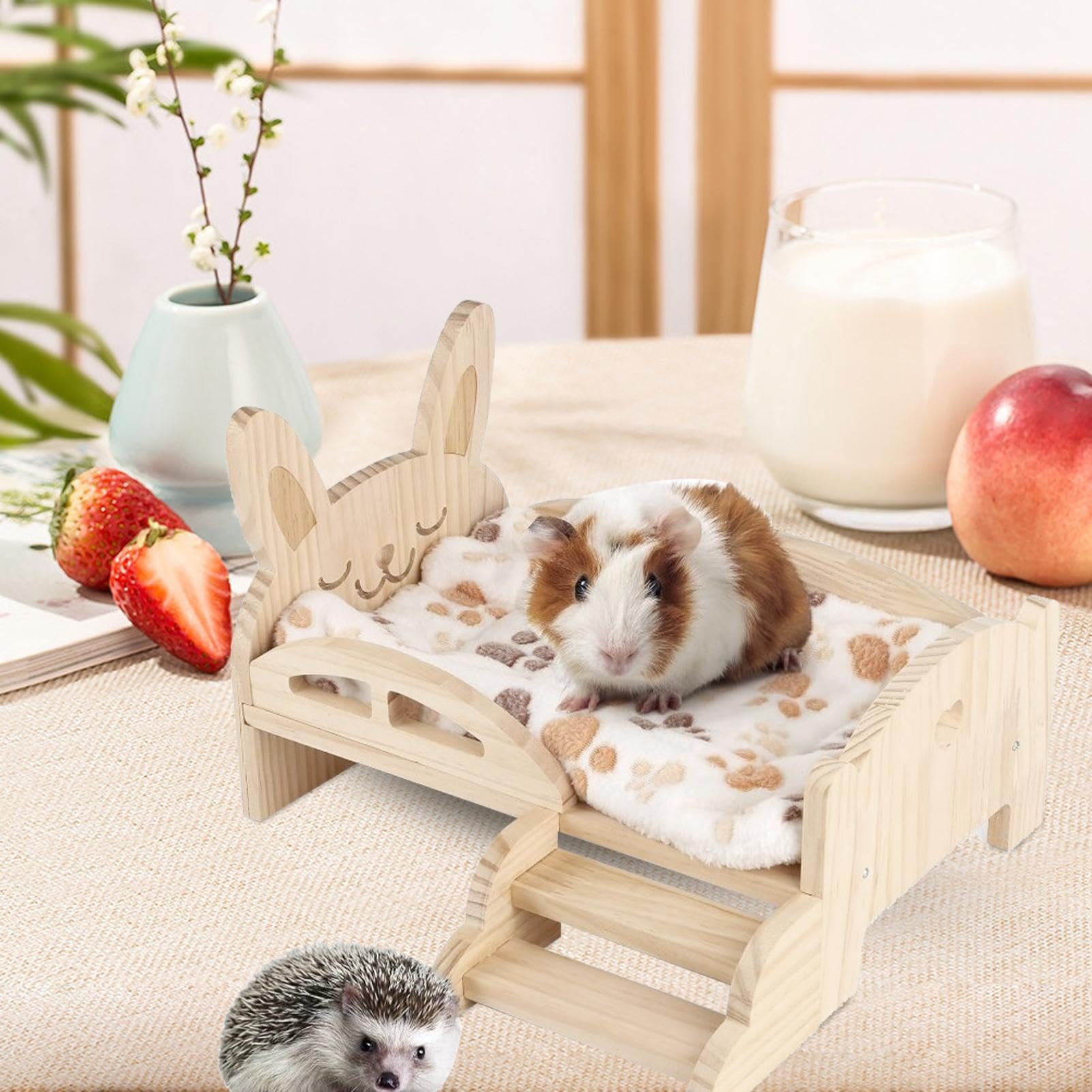 Houten Caviabed Met Burrow, Trap En Mat - Comfortabel Verblijf Voor Cavia's En Kleine Dieren
