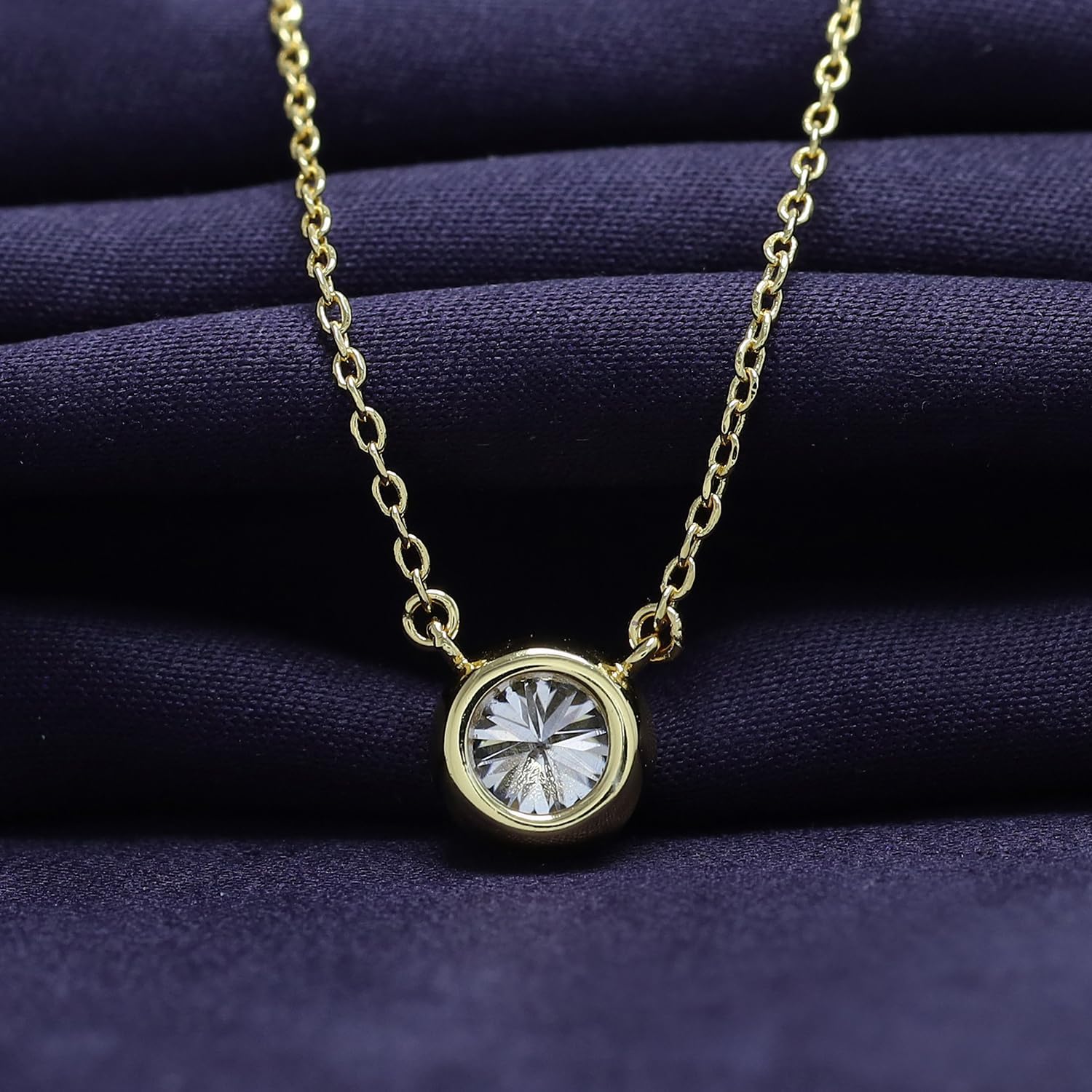 18K Gold Plated Bezel-Set Solitaire Necklace for Women, 6.5MM Moissanite Diamond Choker Pendant Necklace Jewelry (16"+2” Adjustable Chain) (0.90 Ctw) - Image 4