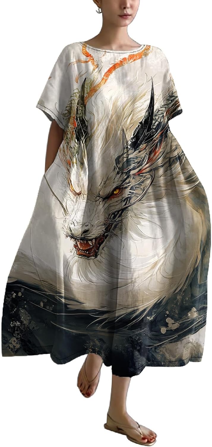 Women's Plus Size Boho Dress Novelty Japanese Art Summer Linen Maxi Dresses Dragon Casual Loose Flowy A-line Midi Dress