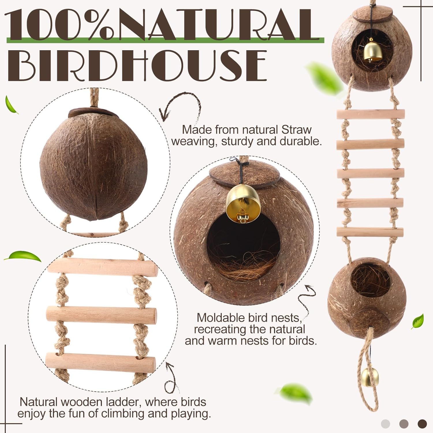 Briwooody Coconut Shell Bird Nest House Breeding Bed Nestingand Anti-pecking Bite with Natural Coir Fiber Bird Nest Toy Bell for Parrot Budgie Parakeet Cockatiel Conure Lovebird Canary Finch (Stylish)