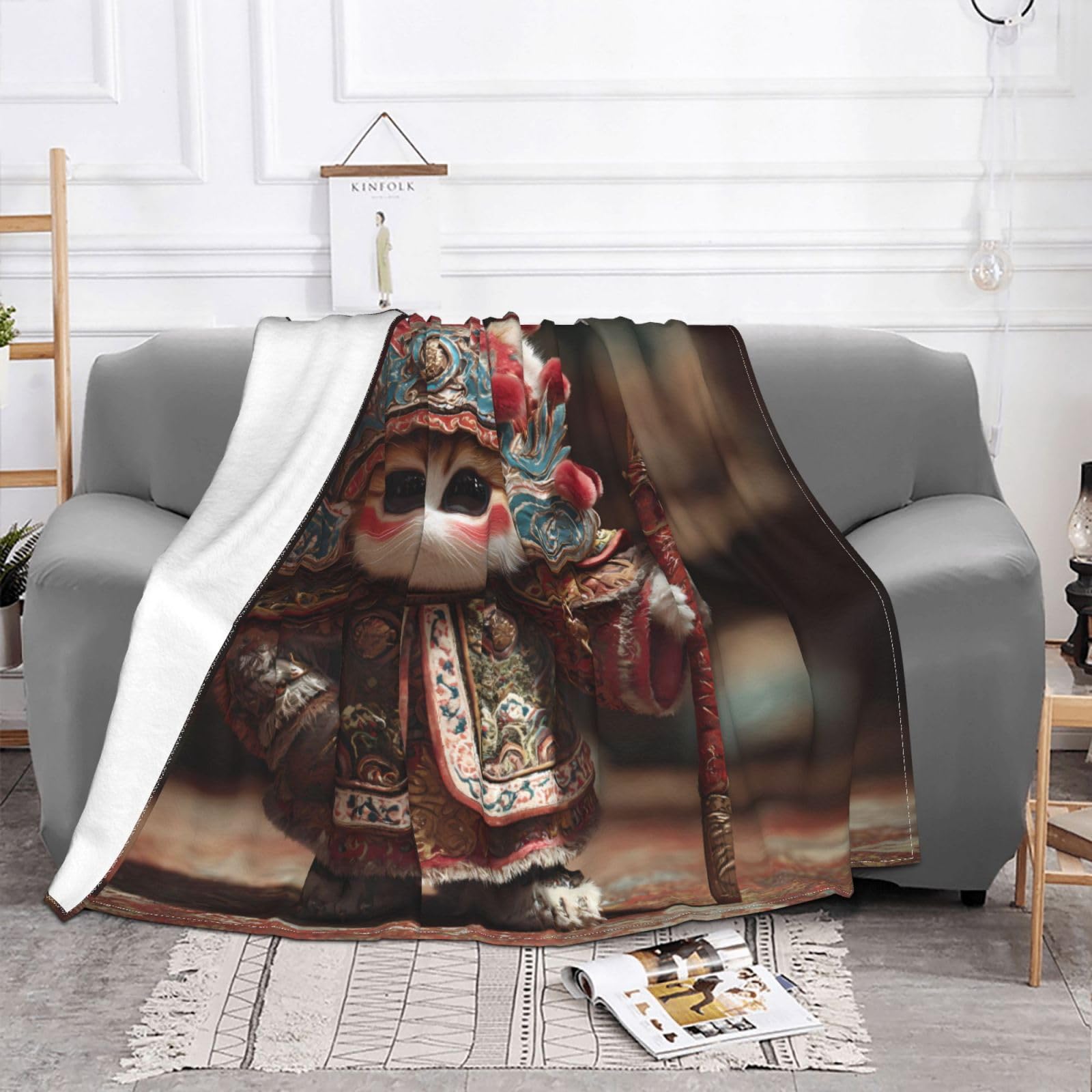 Manta de viaje portátil de 80 x 60 pulgadas, suave, resistente a las arrugas, plegable, exquisito estampado de gatito de pie