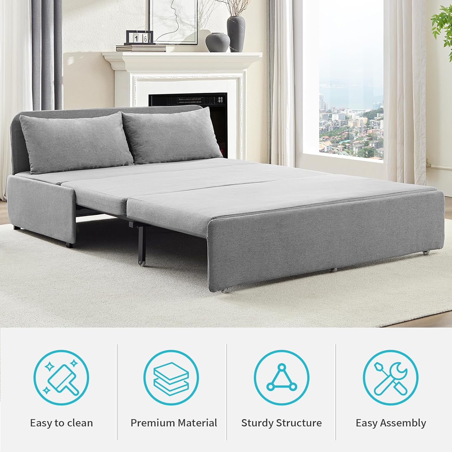 CECER 64.2" Queen Size Pull Out Sofa Bed, Pull Out Couch Bed with 2 Pillows, Linen Convertible Sleeper Sofa with Foldable Mattress, 2 in 1 Armless Sleeper Sofa for Living Room-Light Grey