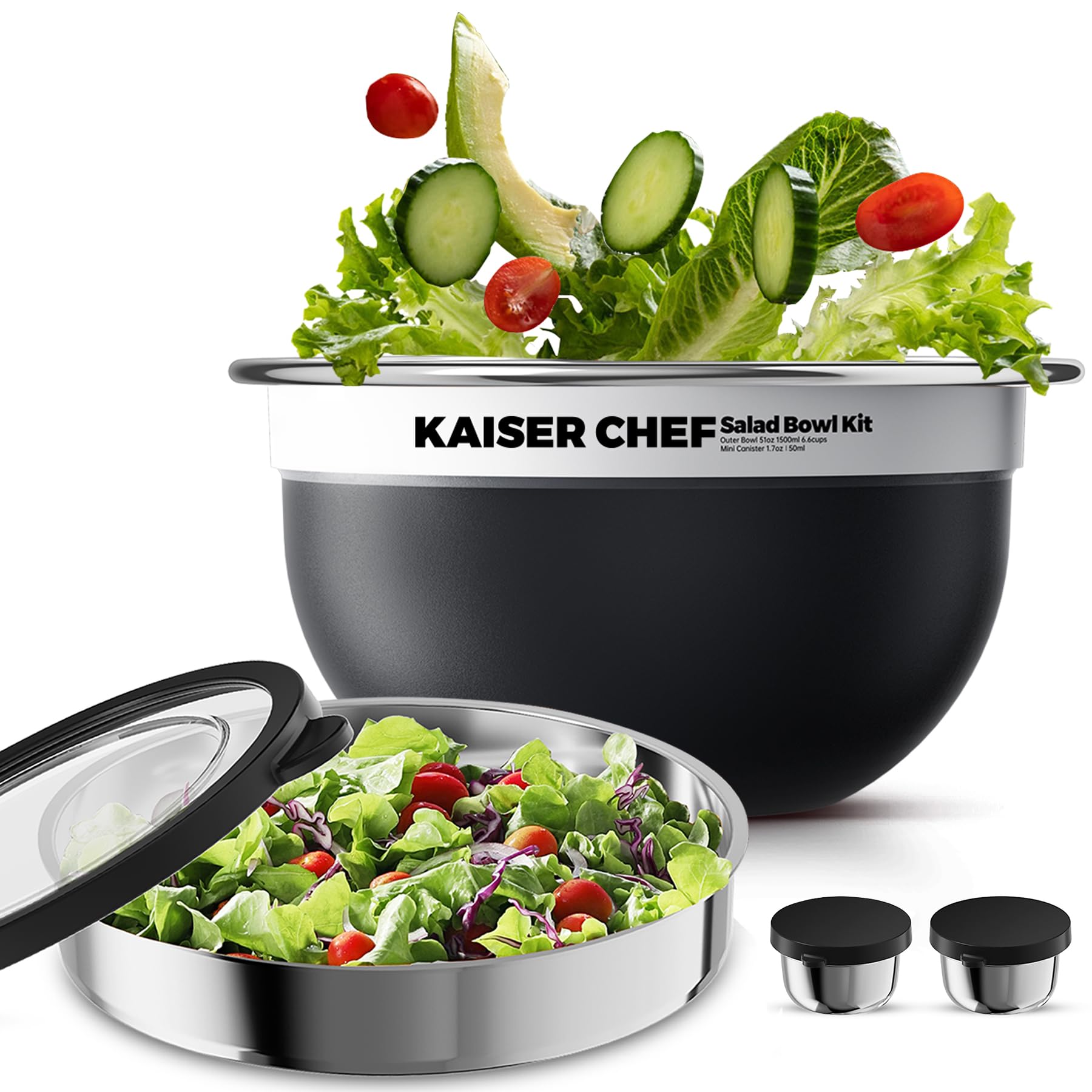 Stainless Steel 74oz Salad Bowl Kit, Salad Bowls to Go for Lunch (Black)
