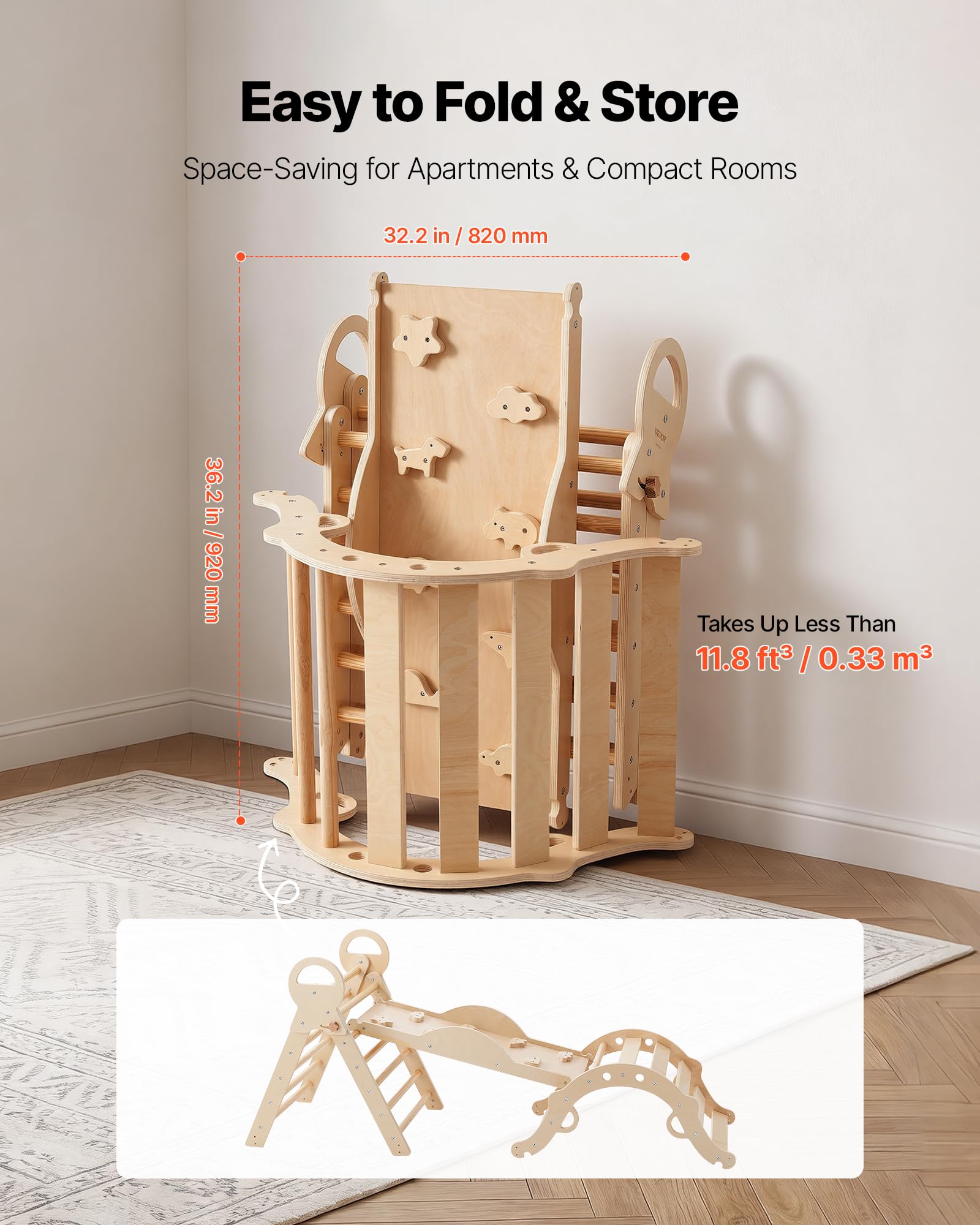 VEVOR Kletterdreieck, 9-in-1 Kletterspielzeug, mit Holzautos, Kissen, Kletterdreieck, Rutsche & Kletterbogen, bis 68 kg Belastbar, Montessori Indoor Spielset für Kinder im Alter von 1 bis 3 Jahren