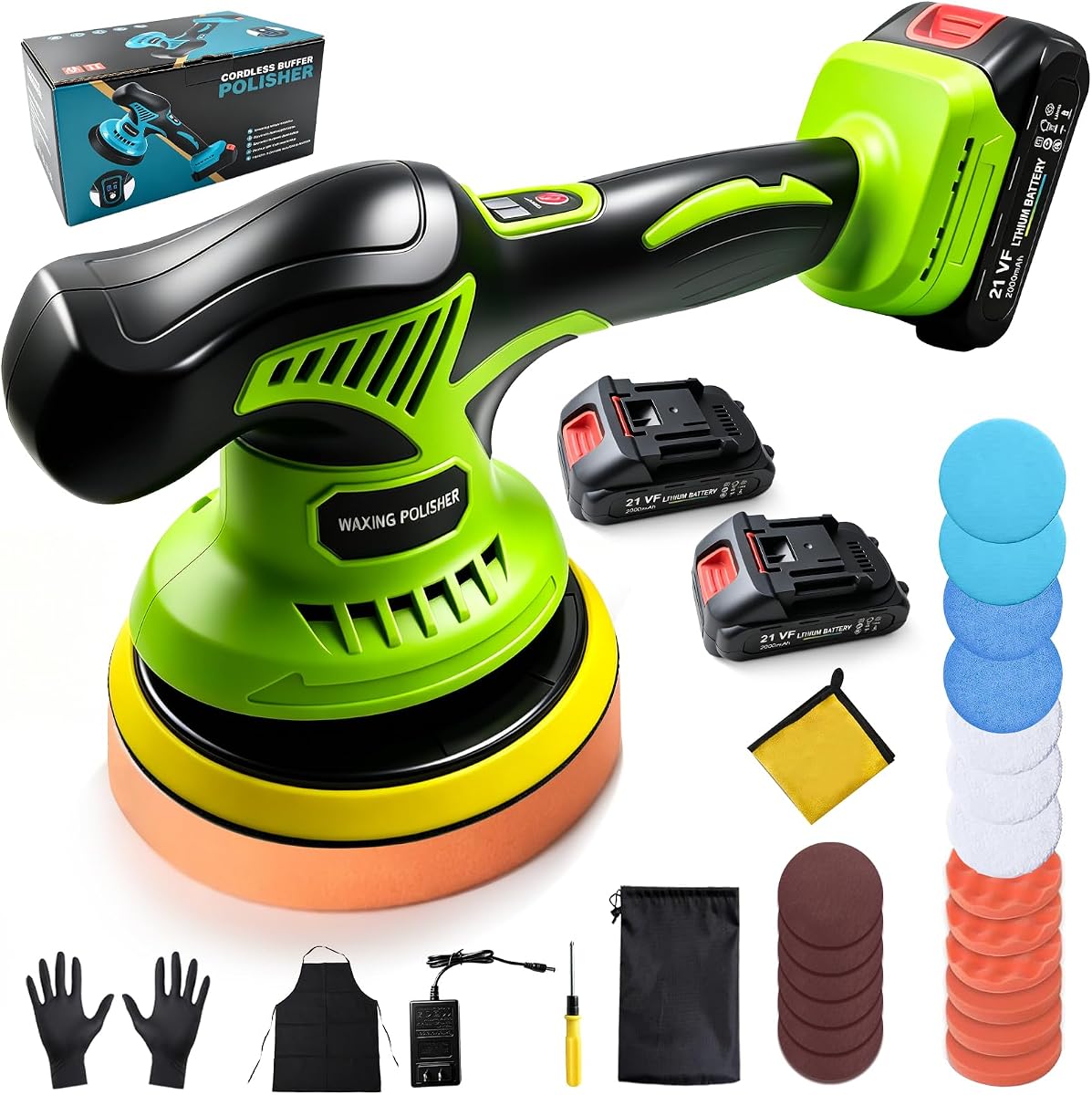 Cordless Car Buffer Polisher with 2x2.0Ah 21V Batteries, 8 Variable Speed Car Orbital Polisher 2800-6000RPM Car Polishing Kit with 26 Piece Attachments for Car Waxing, Detailing &Scratch Removing