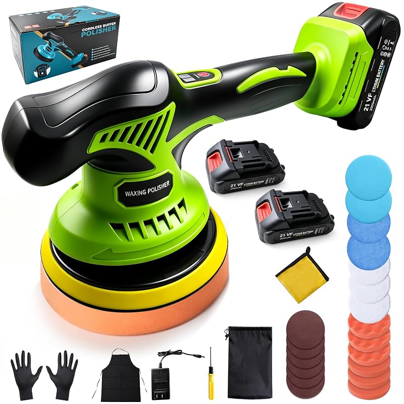 Politriz Orbital Sem Fio QIJIAA 21 V com 2 Baterias de 2.000 mAh, 8 Velocidades e Kit com 26 Peças Verde