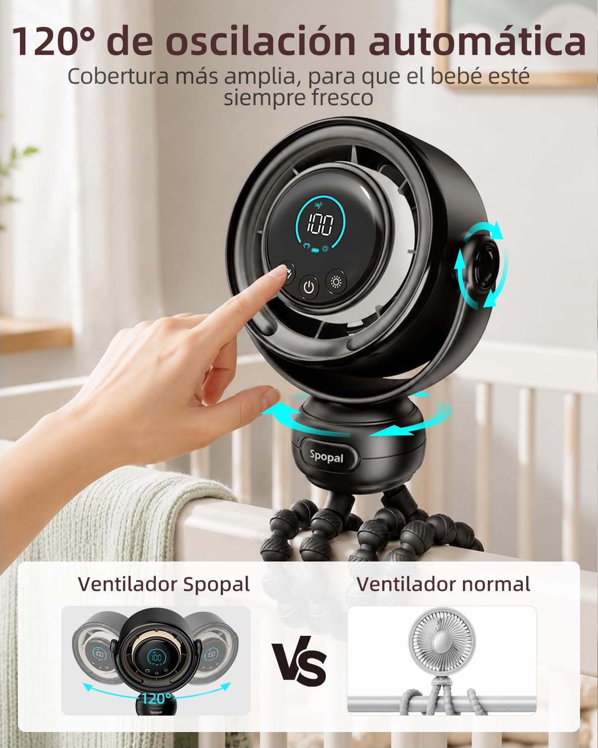 Spopal Ventilador Portátil Para Cochecito, Recargable Ventilador para Bebe | Luz Nocturna y Pantalla LED, 100 Velocidades, 3 Modos, 120°Rotación, 4000mAh, Portatil Ventilador Para Viajes, Cunas, Coche