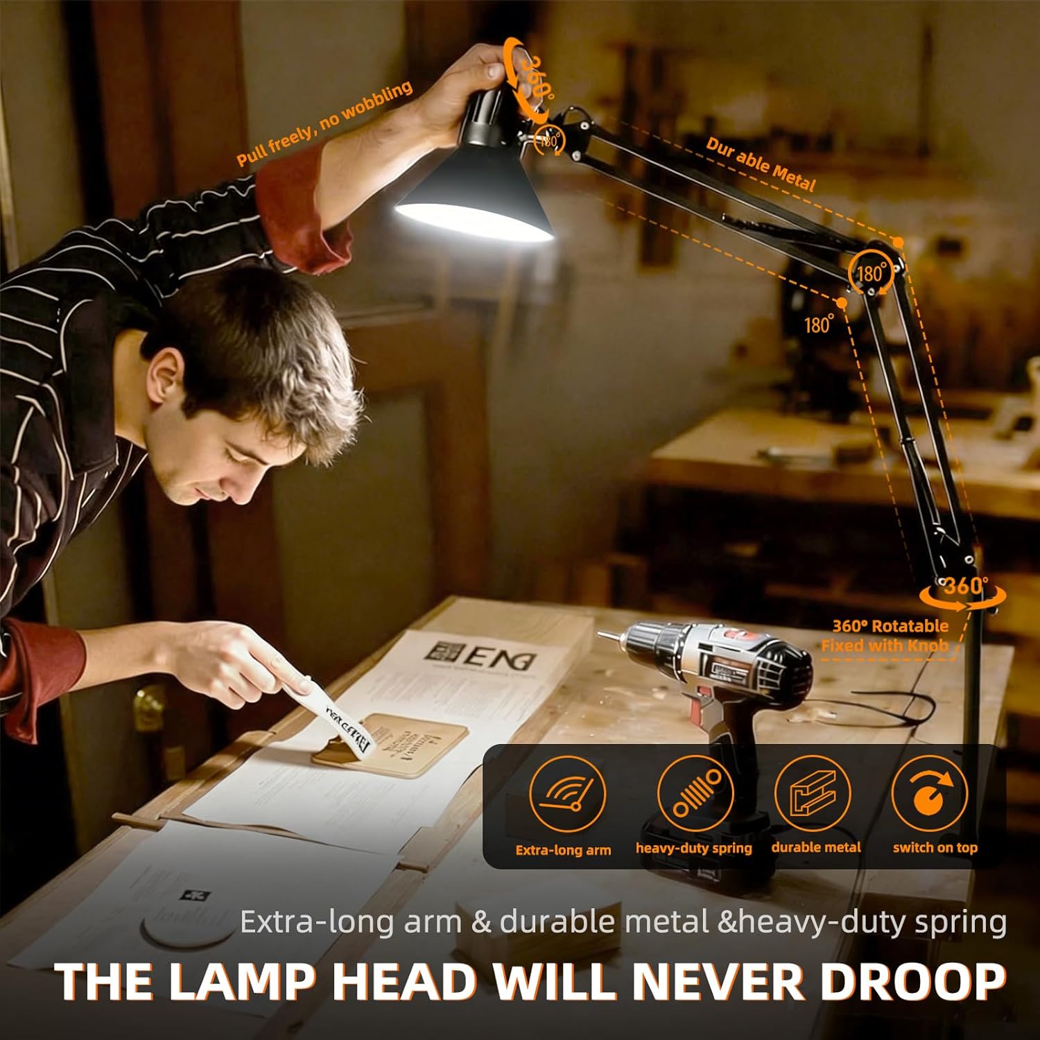2 Pack LED Desk Lamp With Clamp for Office Home, Eye-Caring Desk Light with 360°Adjustable Extra Tall Metal Swing Arm, High Intensity Clamp w/A19 E26 Bulb for Working Reading, Table Lamps White/Warm